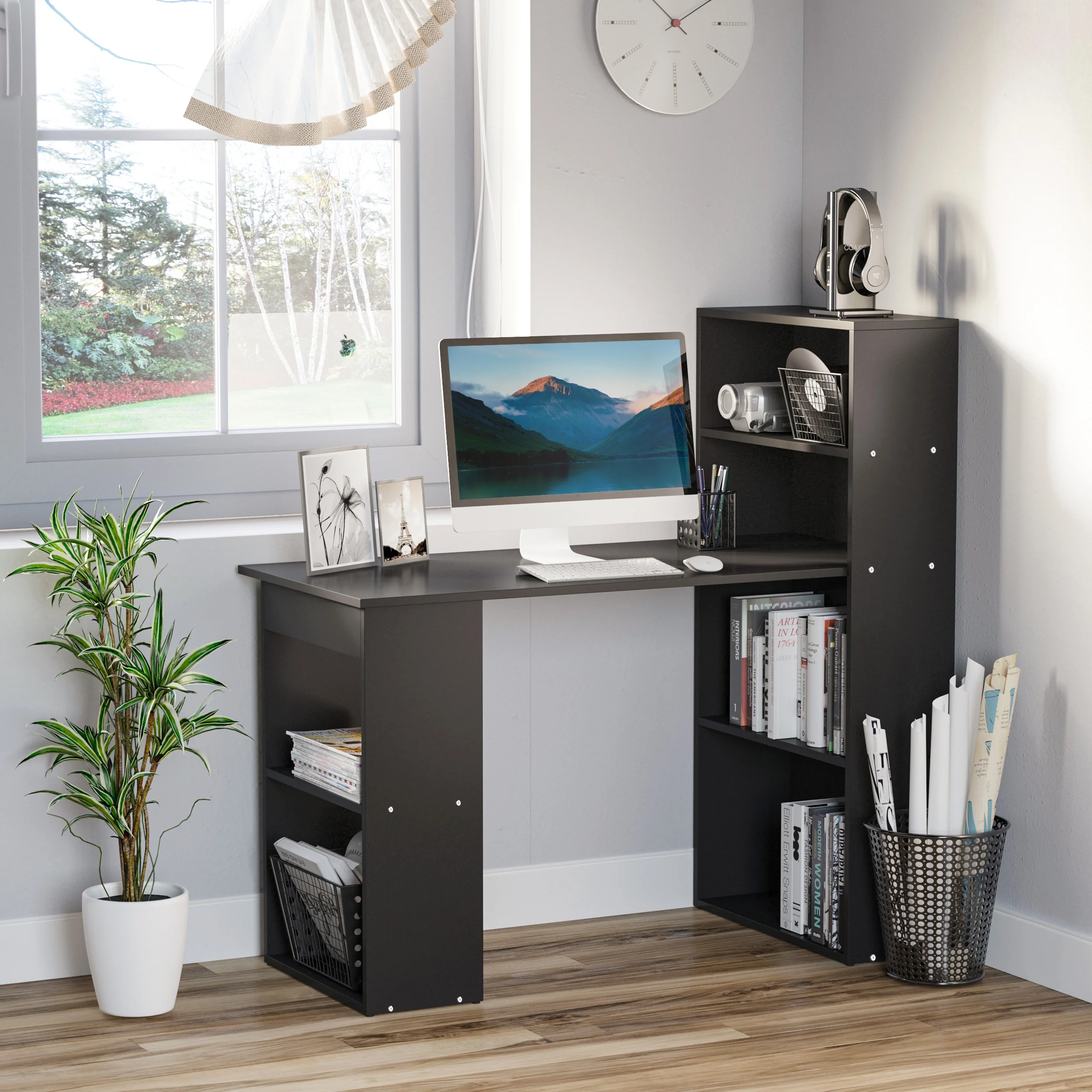 Escritorio de Ordenador Moderno de 120 cm con Estantería, Mesa de Estudio y Estación de Trabajo con 6 Estantes, Negro