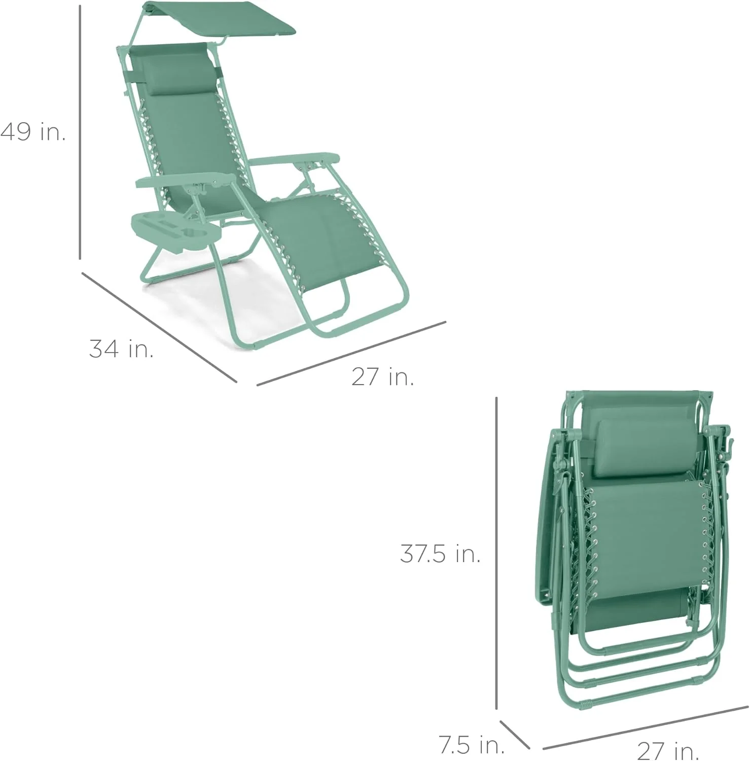 Best Choice Products – Silla Reclinable de Patio con Gravedad Cero, Ajustable y Plegable para Exteriores con Dosel, Almohada Cervical y Bandeja Lateral, Textileno – Azul Pavo Real