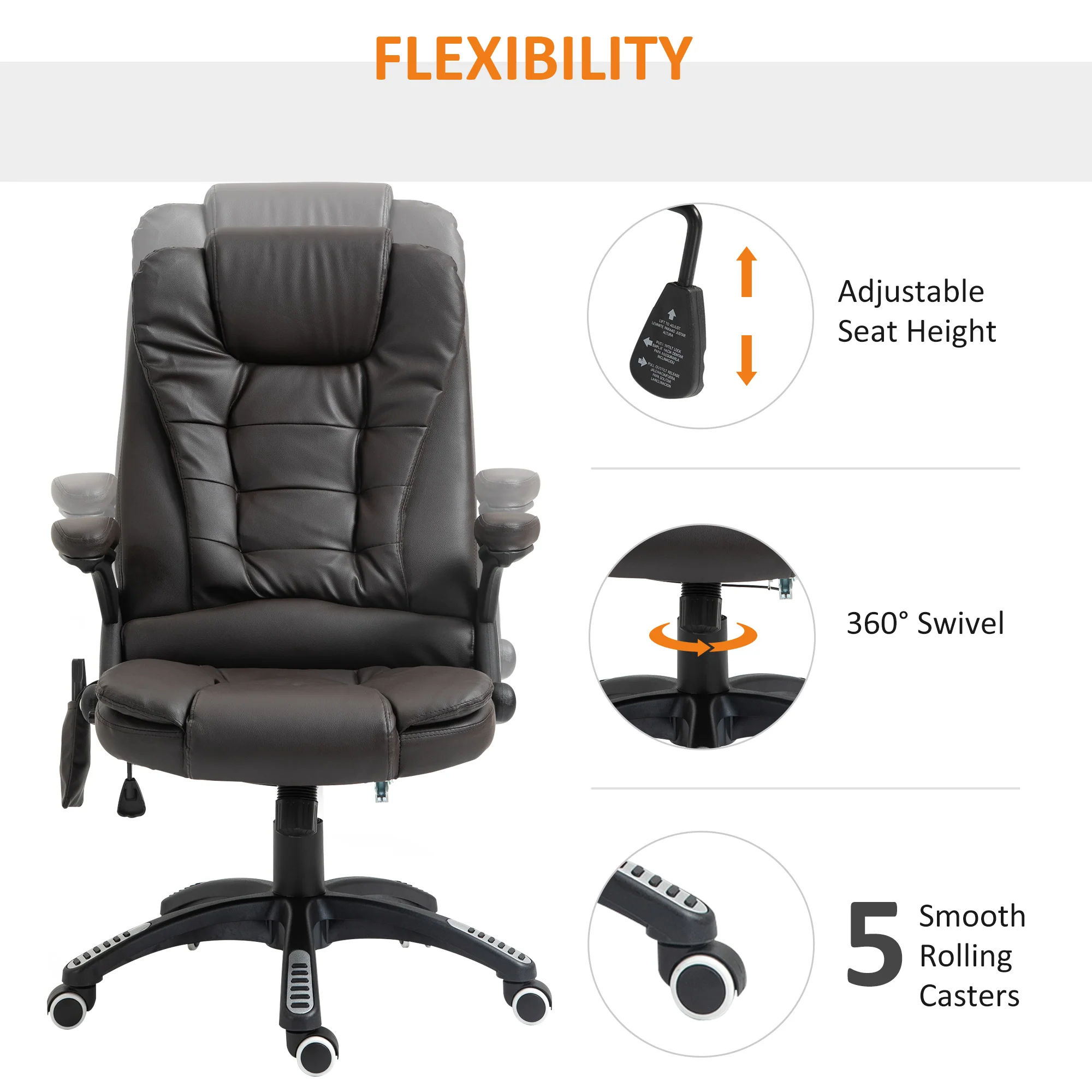Silla de oficina ejecutiva con masaje y calefacción, sillón de oficina de cuero PU con respaldo alto, marrón
