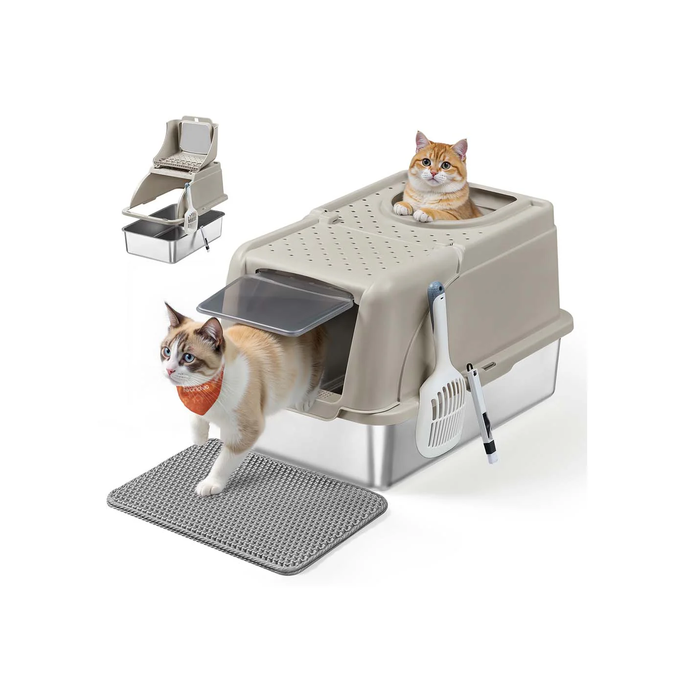 Caja de arena para gatos de acero inoxidable con tapa abatible