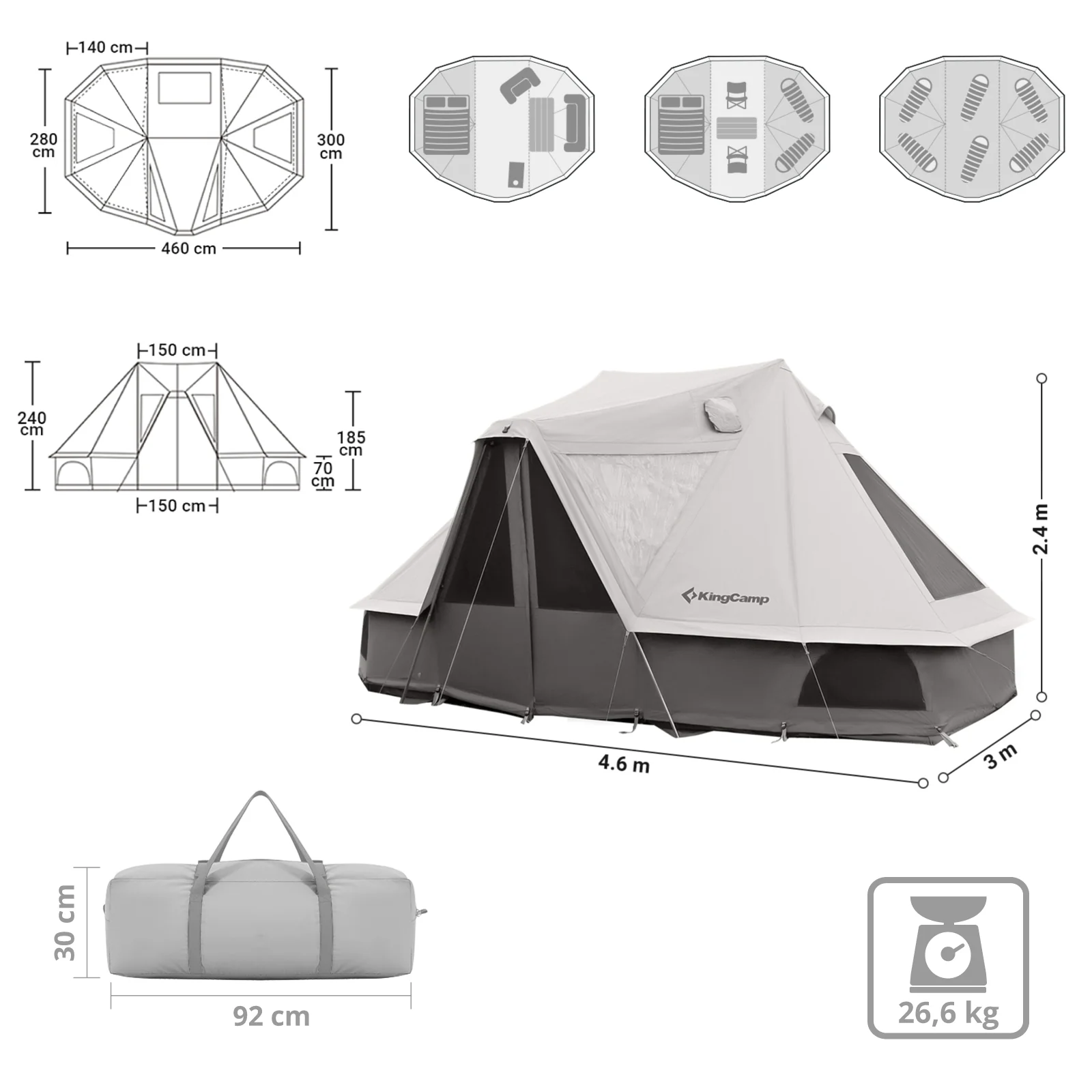 2025 KingCamp Khan Villa – Tienda de grupo glamping de lujo con 240 cm de altura interior, salida para chimenea y paredes laterales de malla para una ventilación óptima