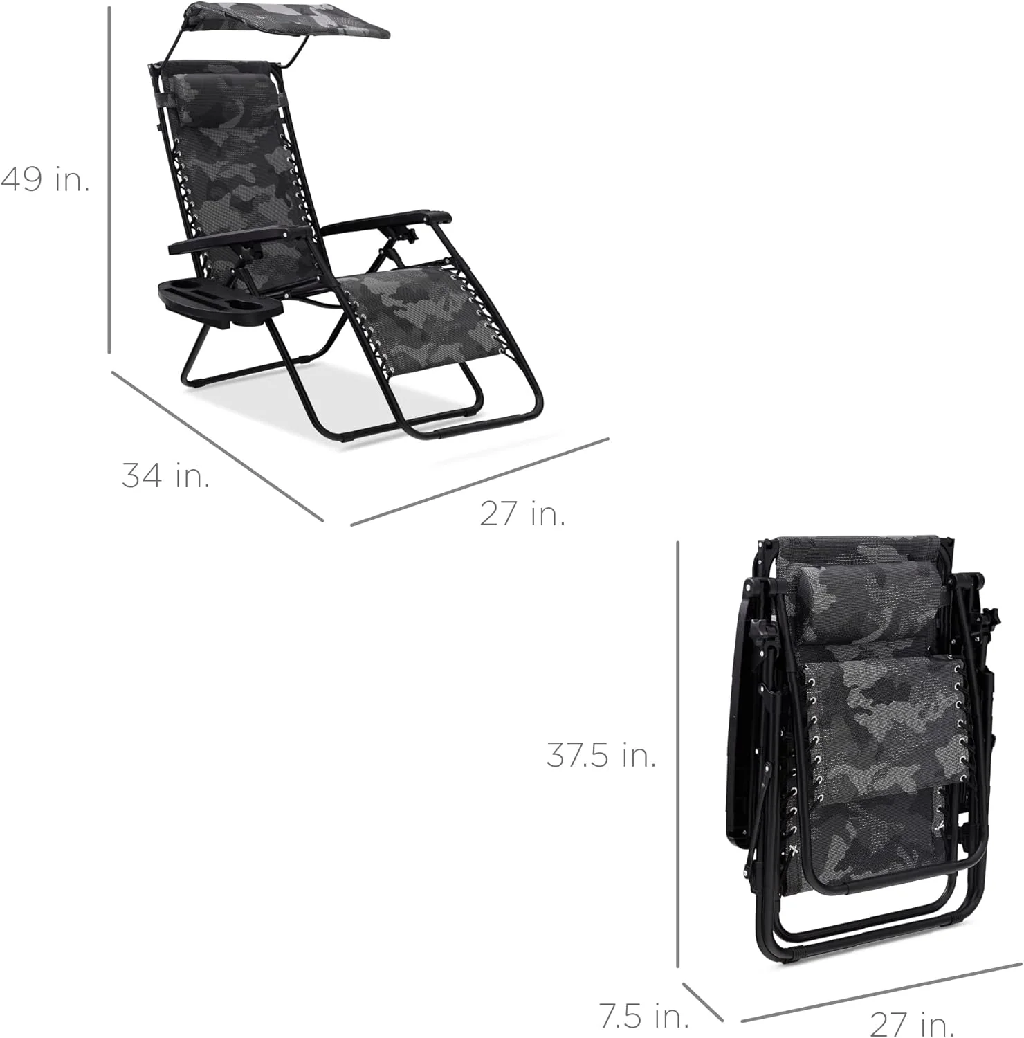 Best Choice Products – Silla Reclinable de Patio con Gravedad Cero, Ajustable y Plegable para Exteriores con Dosel, Almohada Cervical y Bandeja Lateral, Textileno – Azul Pavo Real