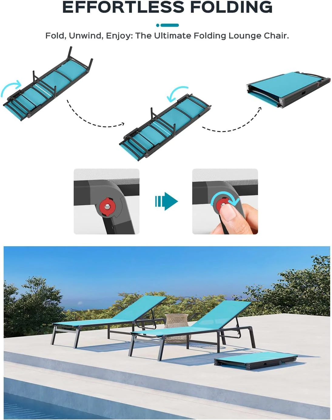 Tumbona de Aluminio para Exterior – Silla de Jardín Plegable sin Montaje, con Respaldo Ajustable en 5 Posiciones, para Terraza, Piscina, Playa – Negra