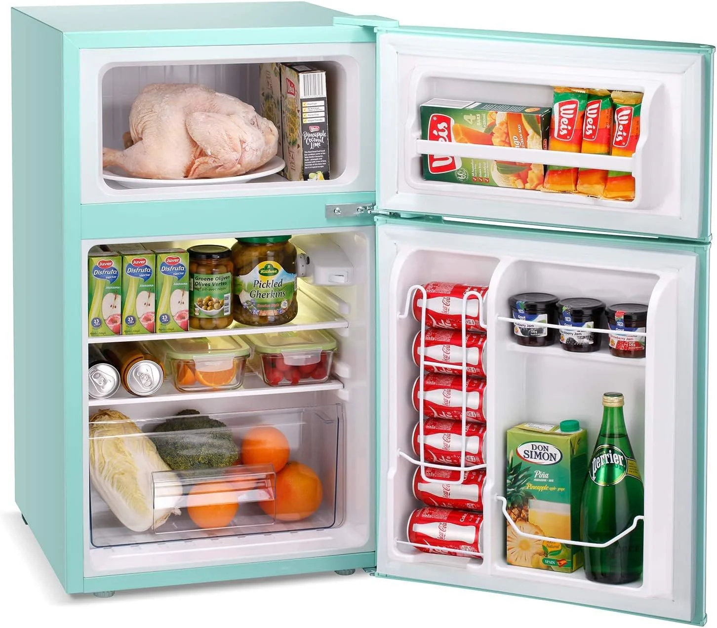 2025 Refrigerador compacto Antarctic Star con congelador separado, mini nevera de doble puerta, estantes ajustables y desmontables, estilo retro de acero inoxidable, para sala/cocina/dormitorio/oficina, 3,2 pies³, verde