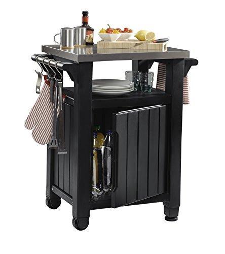 Keter Unity Mesa portátil al aire libre y gabinete de almacenamiento con ganchos para accesorios de parrilla: superficie de acero inoxidable para isla de cocina en patio o carrito de barra, color gris oscuro
