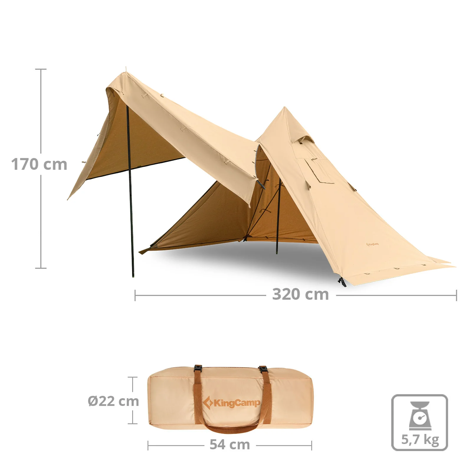 2025 KingCamp Torino 2 – Tienda espaciosa para 1-2 personas con estructura simple de un solo mástil, salida para chimenea, resistente al invierno, repelente al agua y compacta