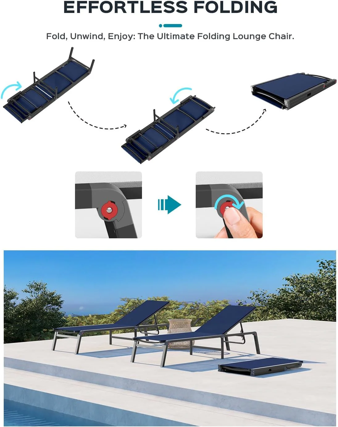 Tumbona de Aluminio para Exterior – Silla de Jardín Plegable sin Montaje, con Respaldo Ajustable en 5 Posiciones, para Terraza, Piscina, Playa – Negra