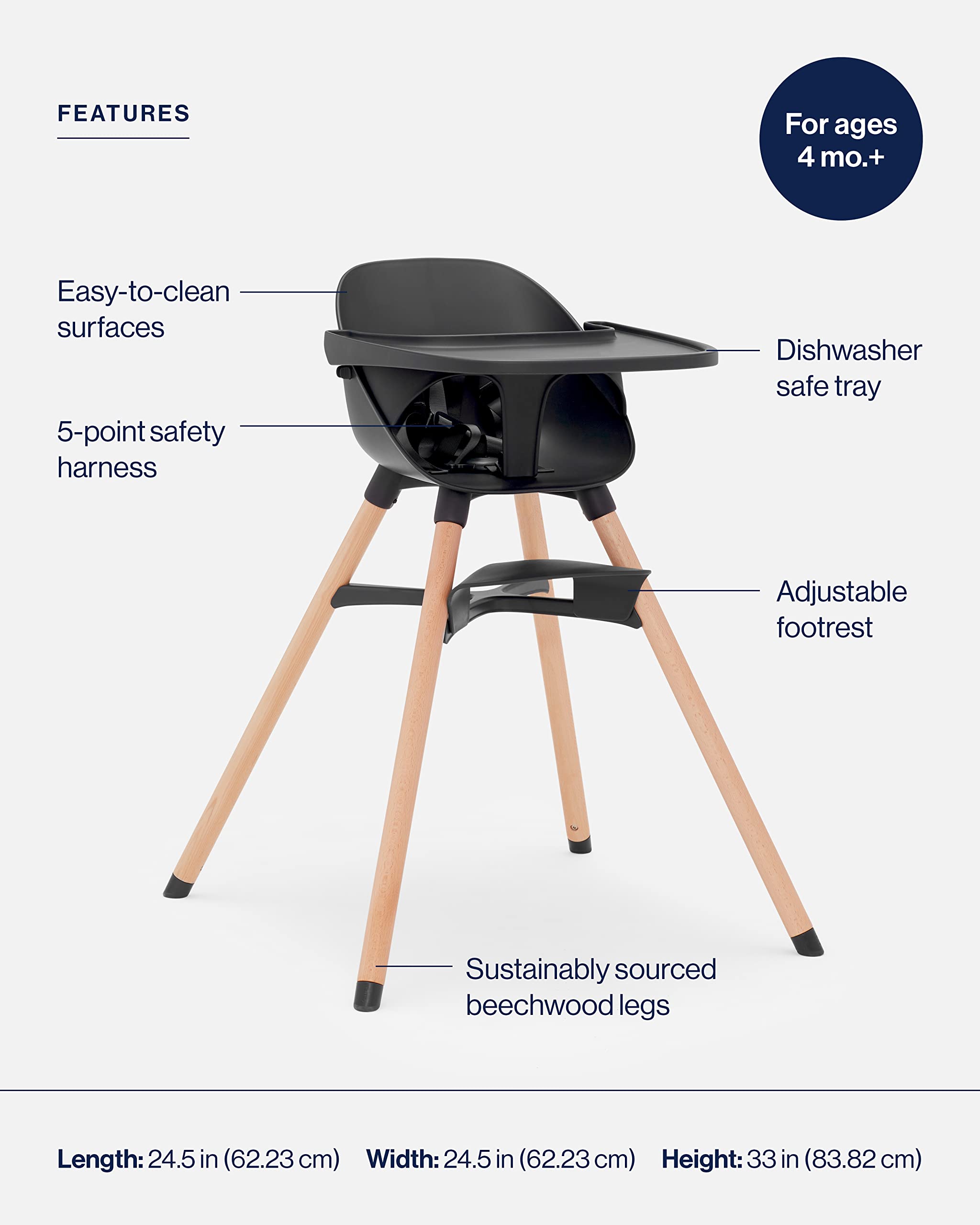 2025 Lalo The Chair Convertible 3-en-1 – Silla Alta de Madera para Bebés y Niños, con Bandeja Apta para Lavavajillas y Reposapiés Ajustable – Color Licorice