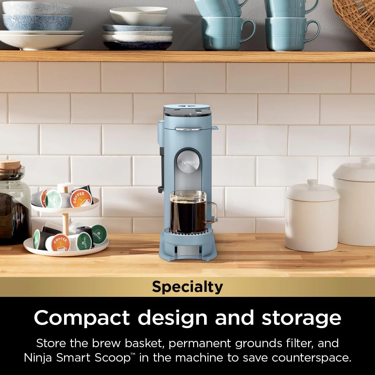 2025 Cafetera de porción individual Ninja Pods & Grounds, compatible con K-Cup, prepara café molido o cápsulas, diseño compacto, depósito de 56 oz, tamaños de taza de 6 oz a 24 oz para viaje, café frío, color piedra, modelo PB041ST