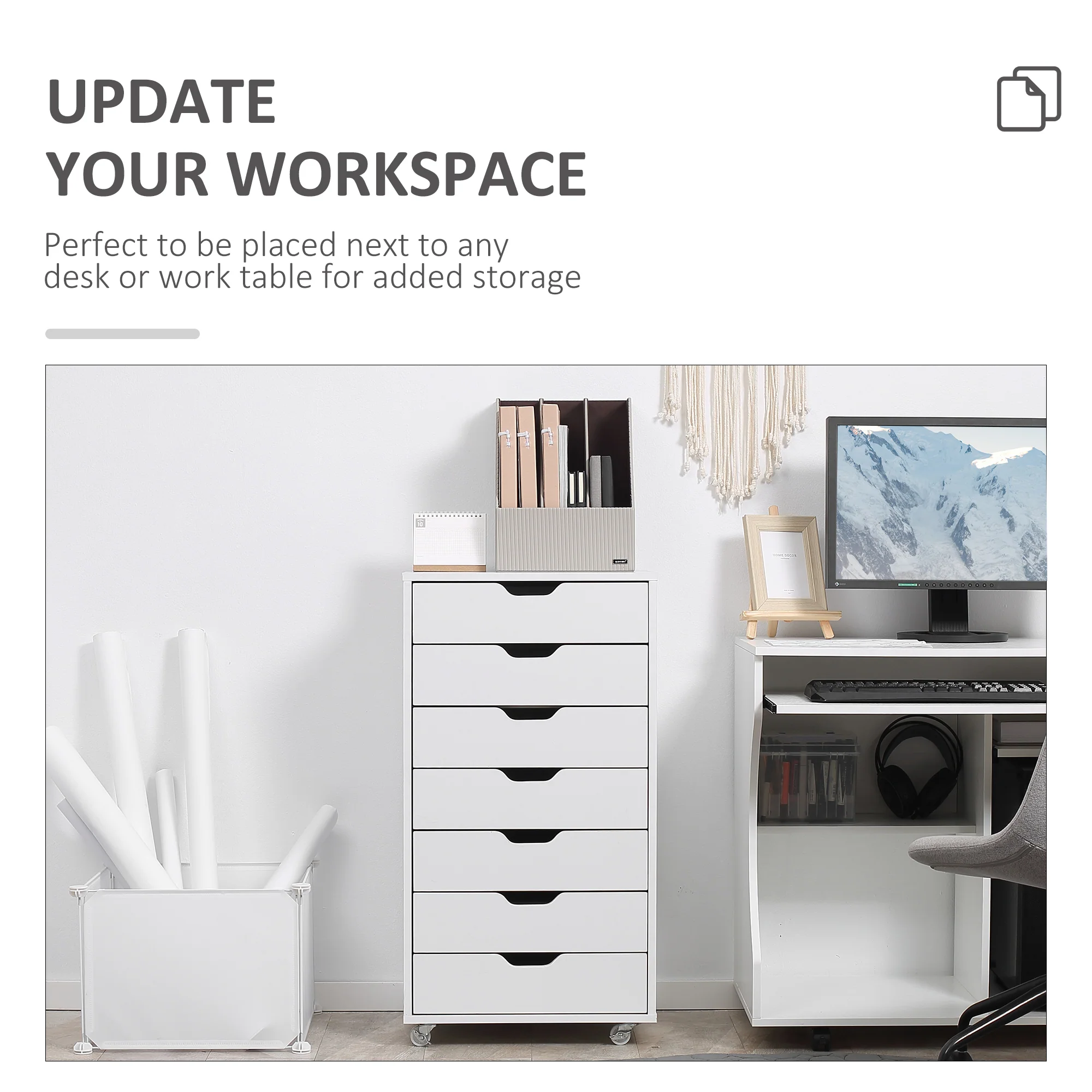 Cajonera Vertical de 7 Cajones, Mueble de Oficina Móvil con Ruedas, Blanco