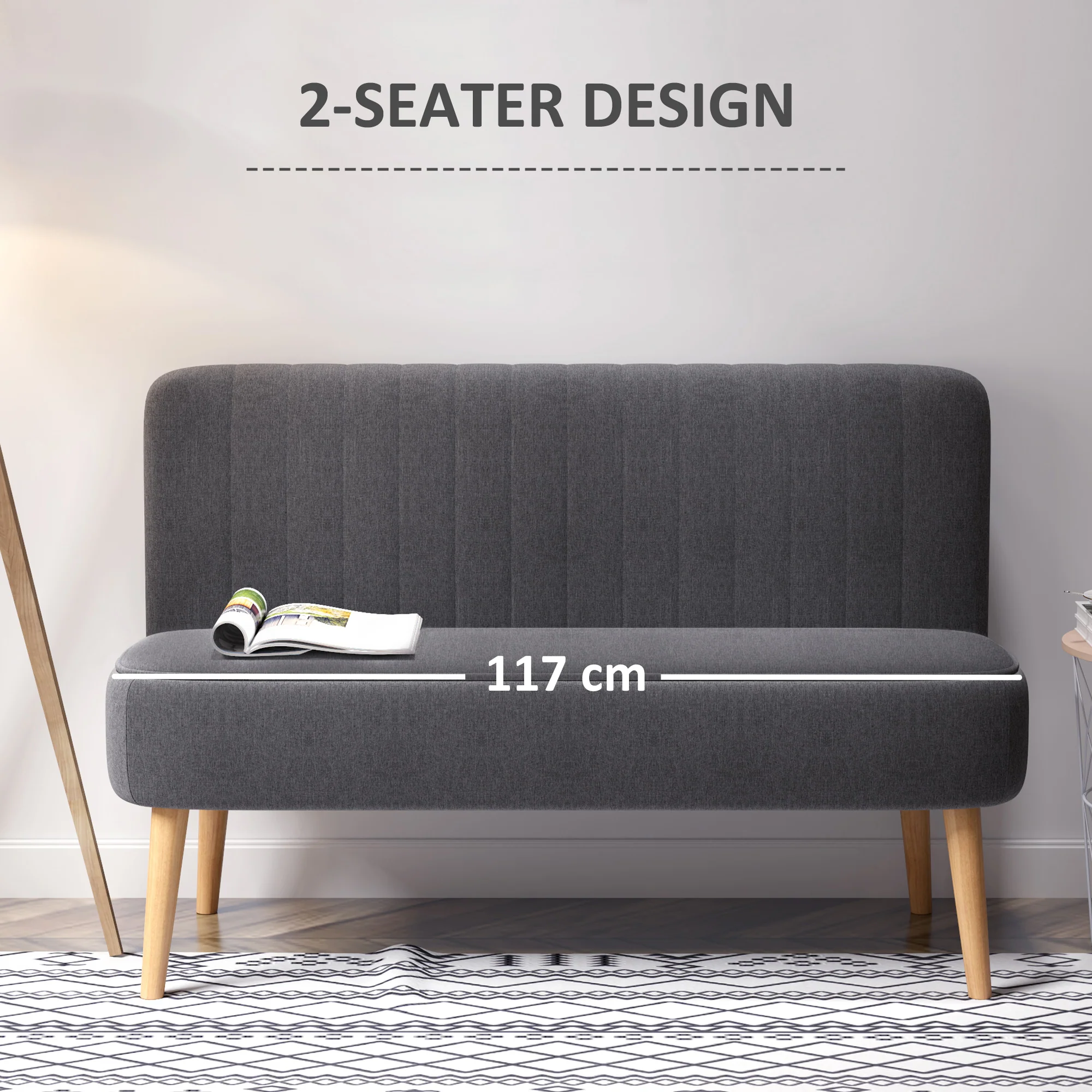 Sofá moderno de lino para 2 plazas, sofá compacto con acolchado y patas de madera, gris