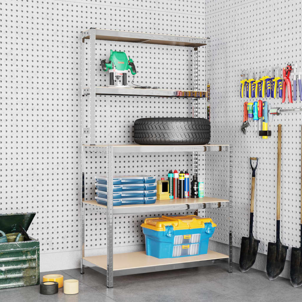 2025 Mesa de Trabajo con 5 Estantes Plateada en Acero y Panel de Madera Derivada