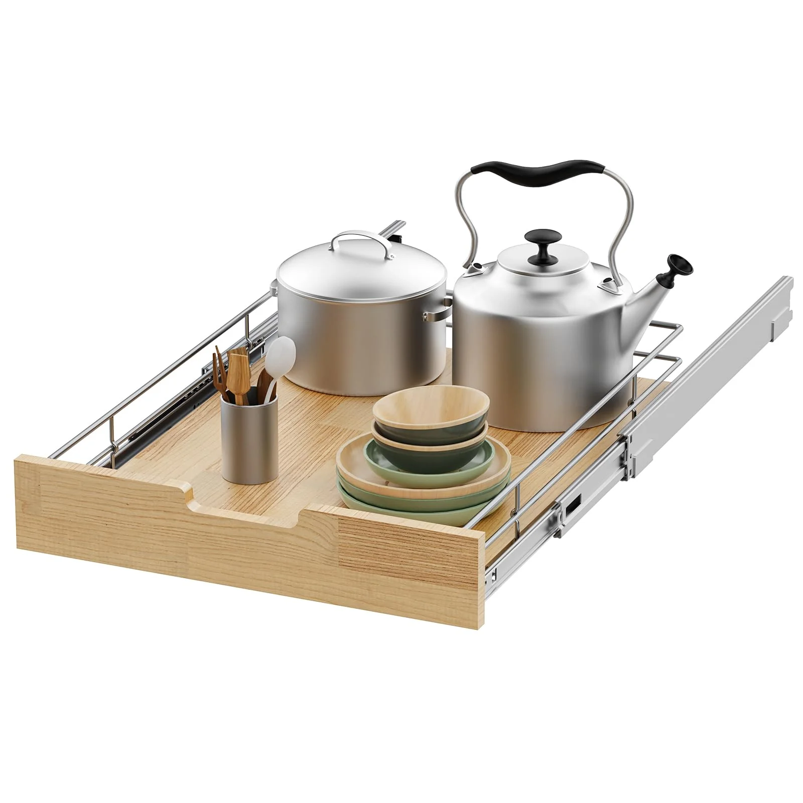 Organizador deslizante de madera de 5 niveles y 22 pulgadas para gabinetes bajos de cocina