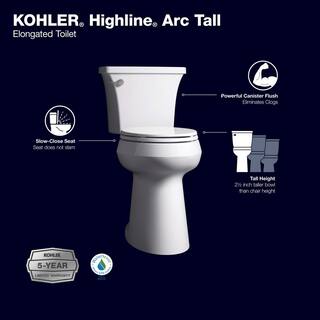 Inodoro KOHLER Extra Alto Highline Arc de Dos Piezas con Descarga Simple 1,28 GPF, Alargado, Blanco (Asiento Incluido)