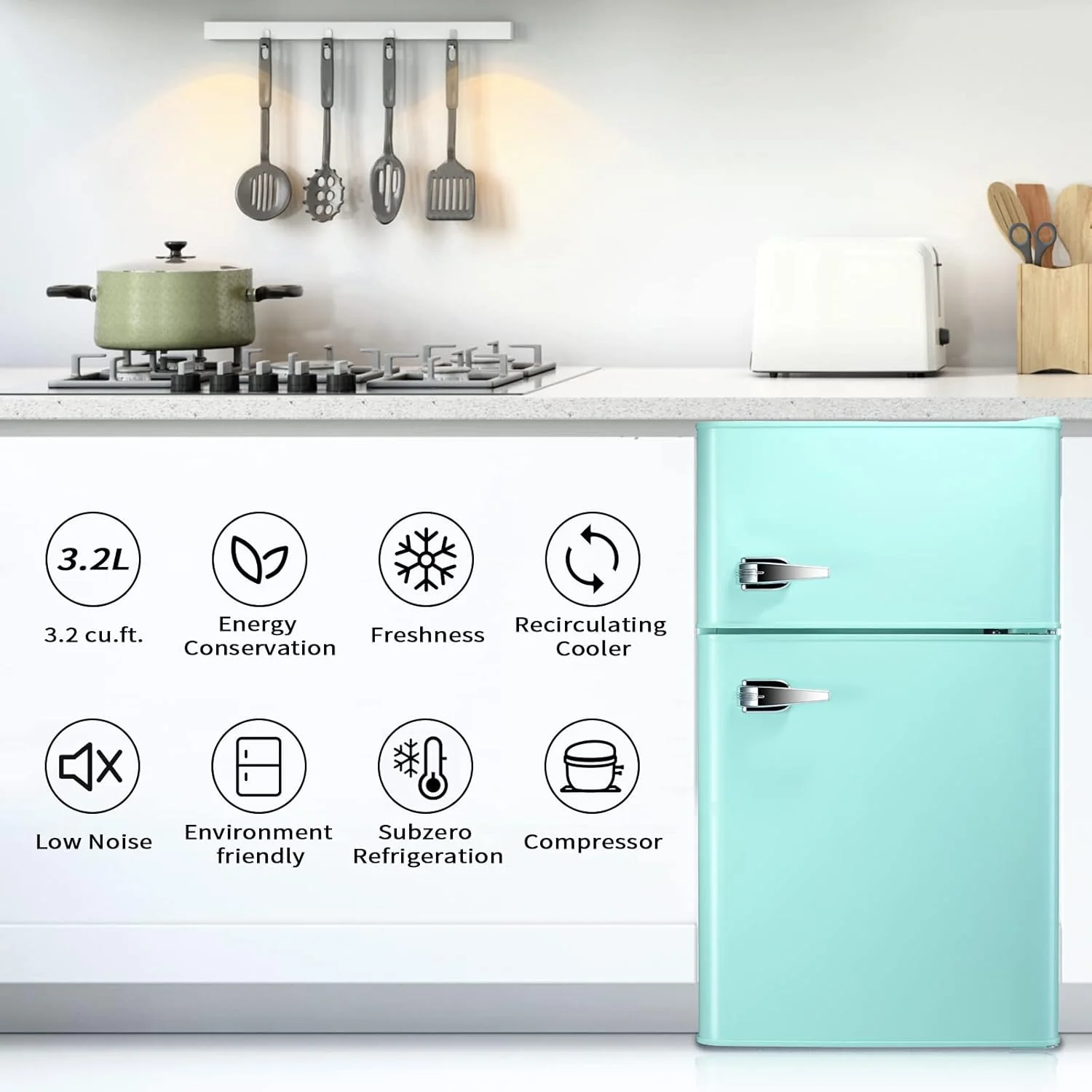 2025 Refrigerador compacto Antarctic Star con congelador separado, mini nevera de doble puerta, estantes ajustables y desmontables, estilo retro de acero inoxidable, para sala/cocina/dormitorio/oficina, 3,2 pies³, verde