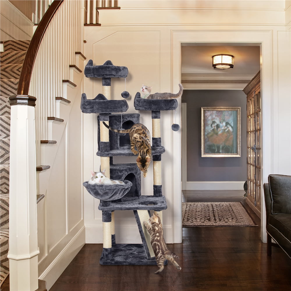 Árbol para Gato de Gran Formato Topeakmart 175 cm con 2 Cuevas y Rascadores, Gris Oscuro