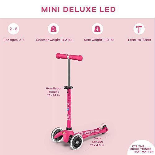 Micro Kickboard – Mini Deluxe LED – Scooter Suizo de Tres Ruedas con Sistema de Inclinación para Niños y Niñas de 2 a 5 Años con Ruedas Luminosas Activadas por Movimiento (Rosa)