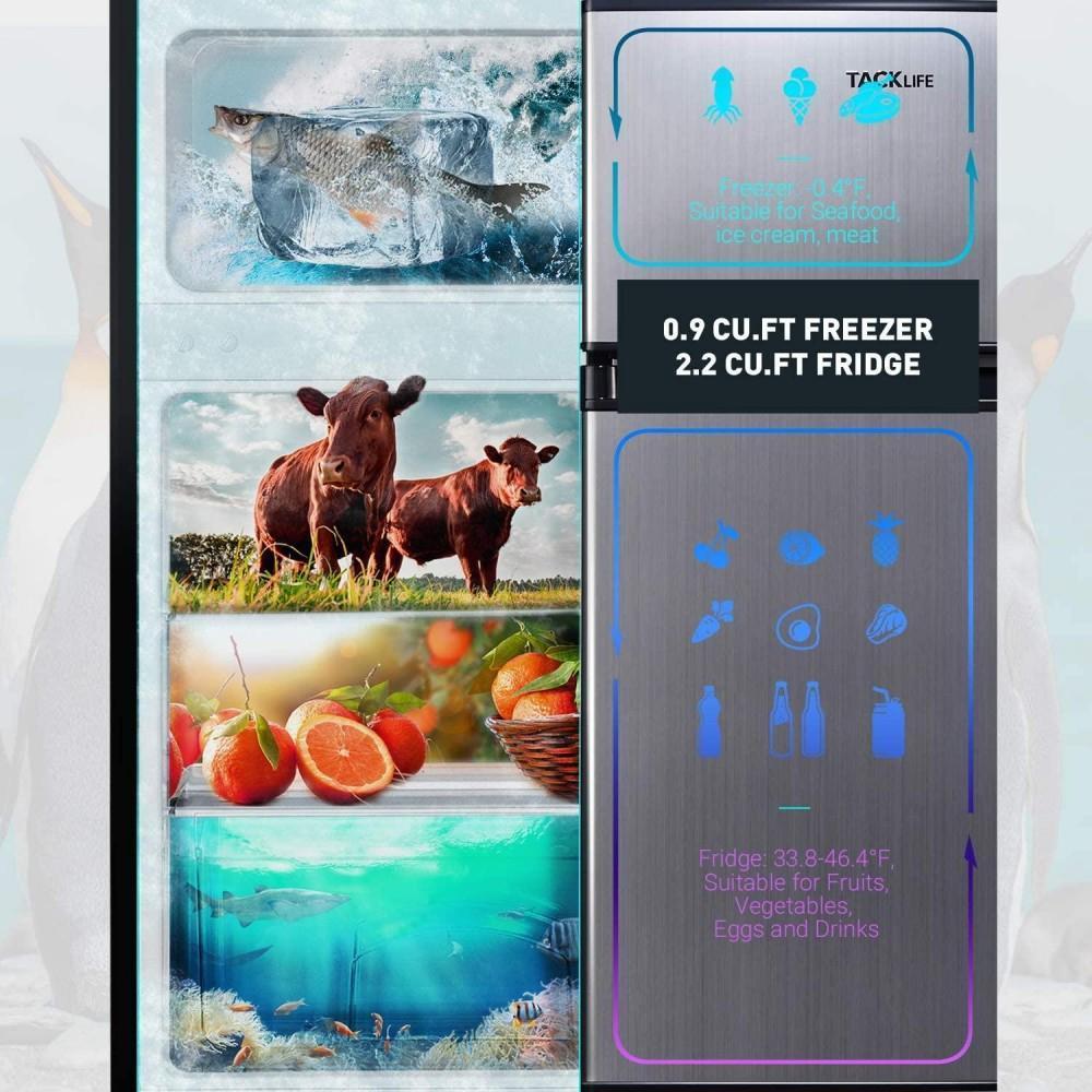 Mini refrigerador con congelador, 3.1 pies cúbicos, refrigerador compacto con luz LED, 2 puertas, mini nevera para dormitorio, oficina, dormitorio universitario, RV, garaje, acero inoxidable plateado - Modelo HPVFR310