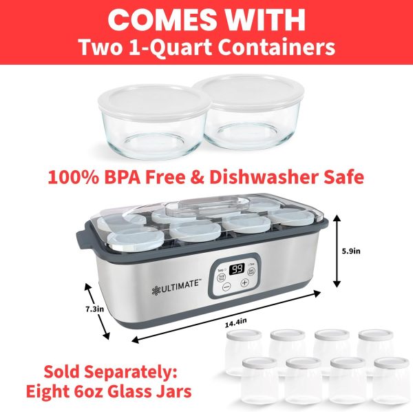 Máquina para hacer yogur probiótico Ultimate con dos recipientes de 1 cuarto para grandes cantidades – Produce trillones de probióticos vivos con control ajustable de temperatura y tiempo – Mejor yogurtera para yogur griego – GARANTÍA DE POR VIDA