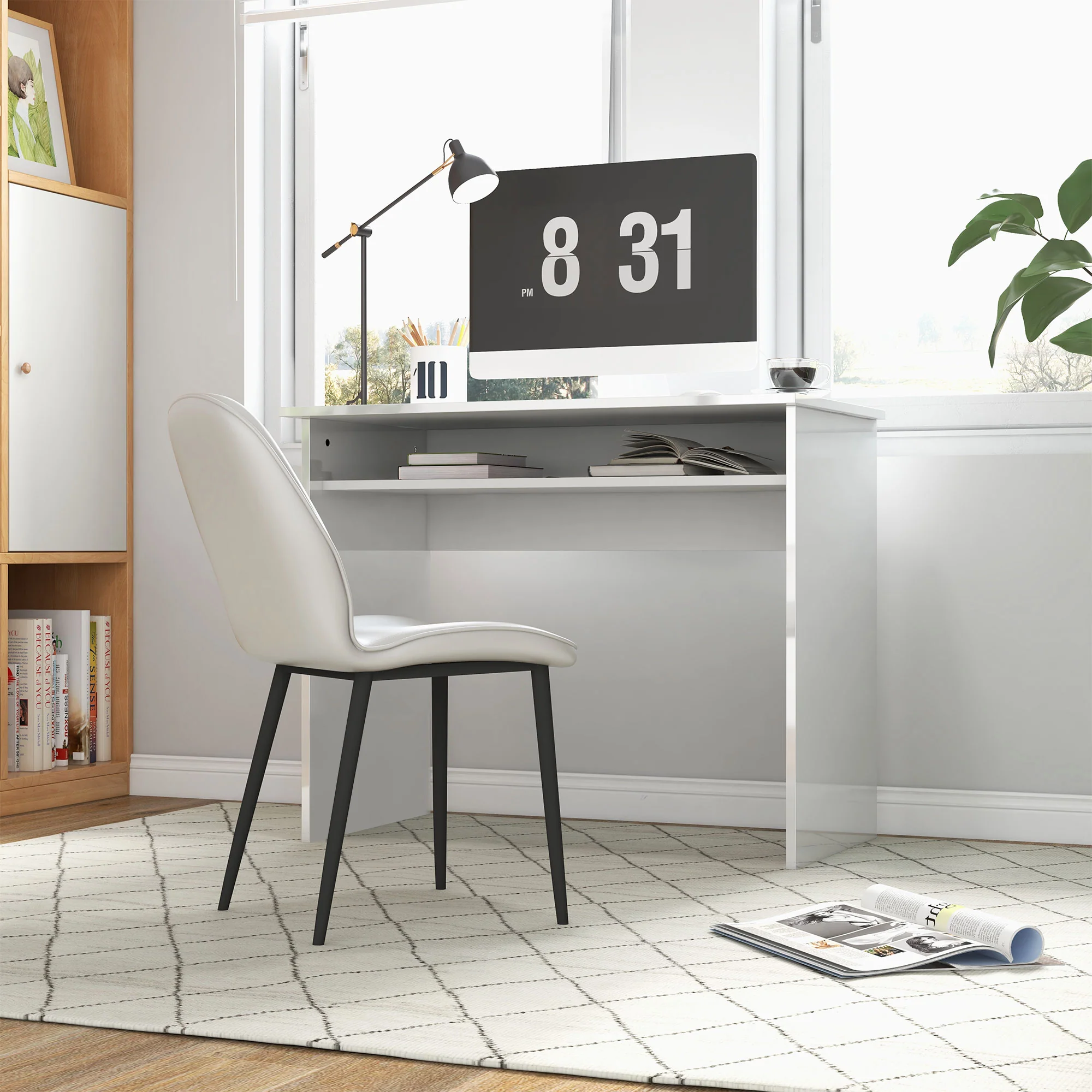 Escritorio de Ordenador Moderno, Escritorio Pequeño con Estante de Almacenamiento, 90 x 50 cm, Blanco Brillante