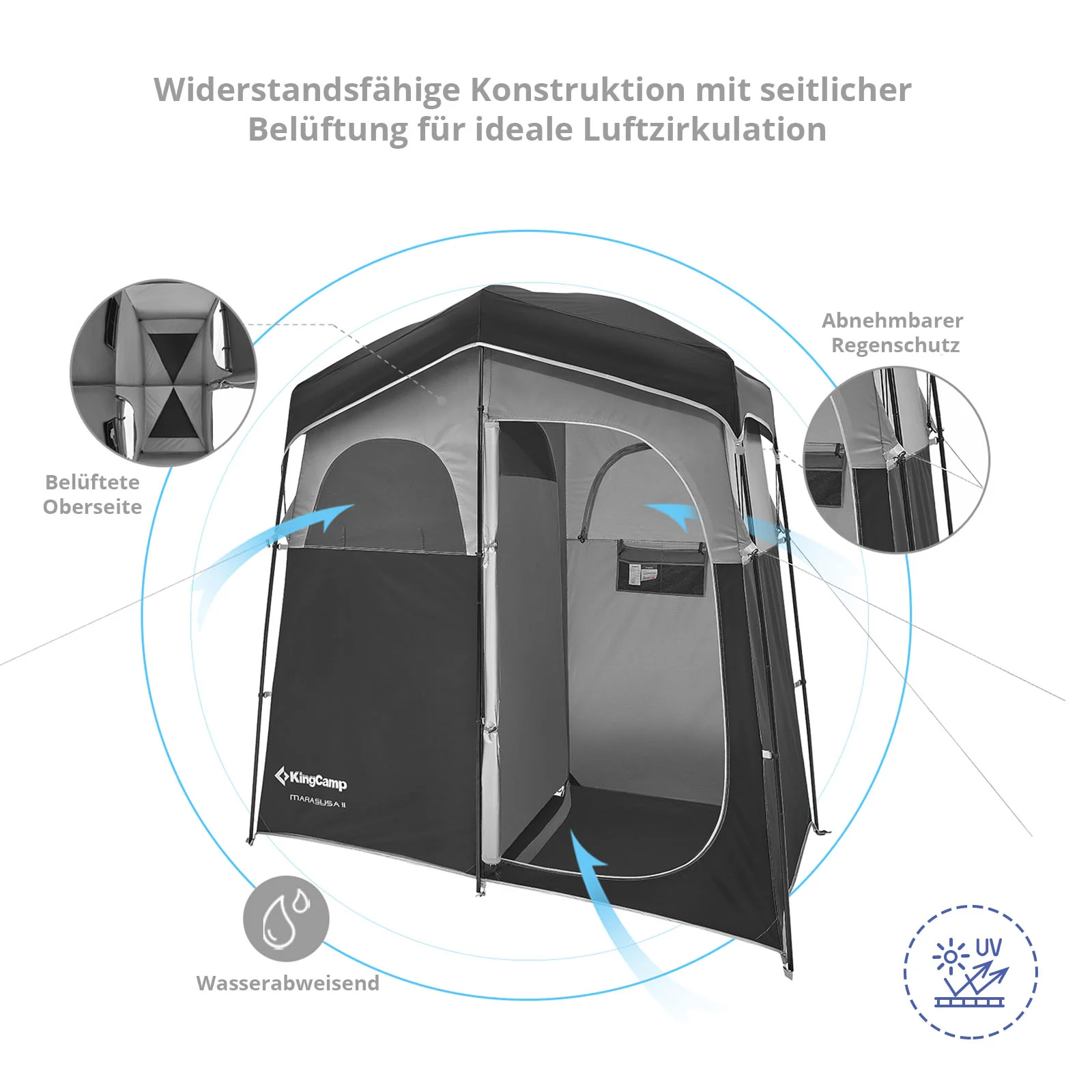 2025 KingCamp Marasusa II – Tienda multifuncional con 2 cabinas, ducha y cabina de prueba con separación, tendedero, protección UV y buena ventilación