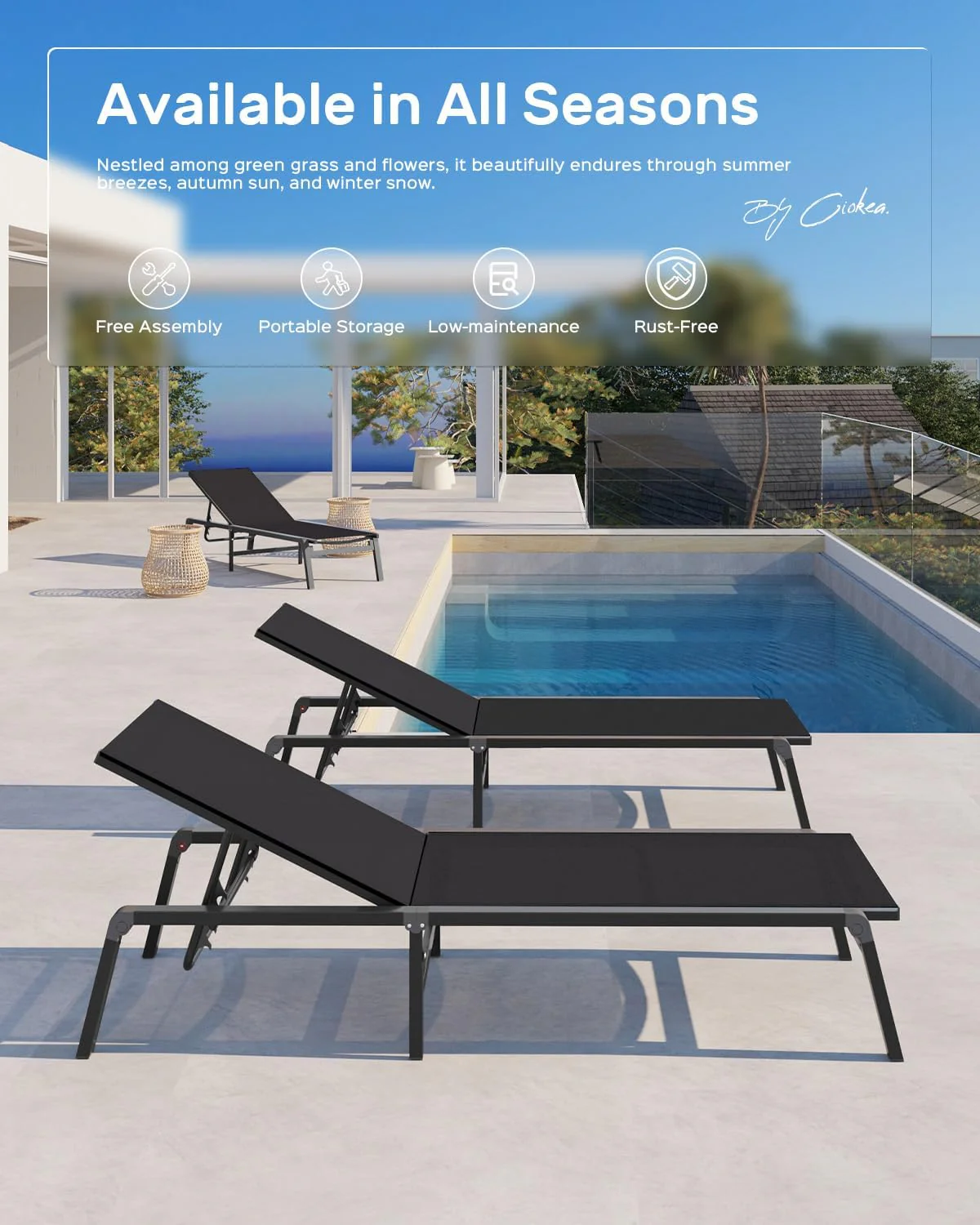 Tumbona de Aluminio para Exterior – Silla de Jardín Plegable sin Montaje, con Respaldo Ajustable en 5 Posiciones, para Terraza, Piscina, Playa – Negra