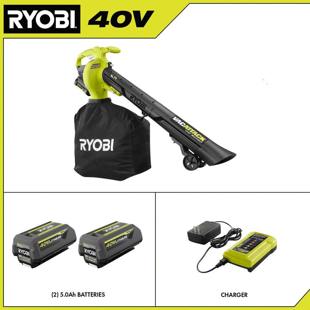 2025 RYOBI Aspirateur-Souffleur sans fil 40V Vac Attack aveRYOBI Aspiradora-Sopladora Inalámbrica 40V Vac Attack con Función Trituradora, (2) Baterías 5.0 Ah y Cargador - Modelo c Fonction Broyeur, (2) Batteries 5.0 Ah et Chargeur - Modèle RY40451-2B