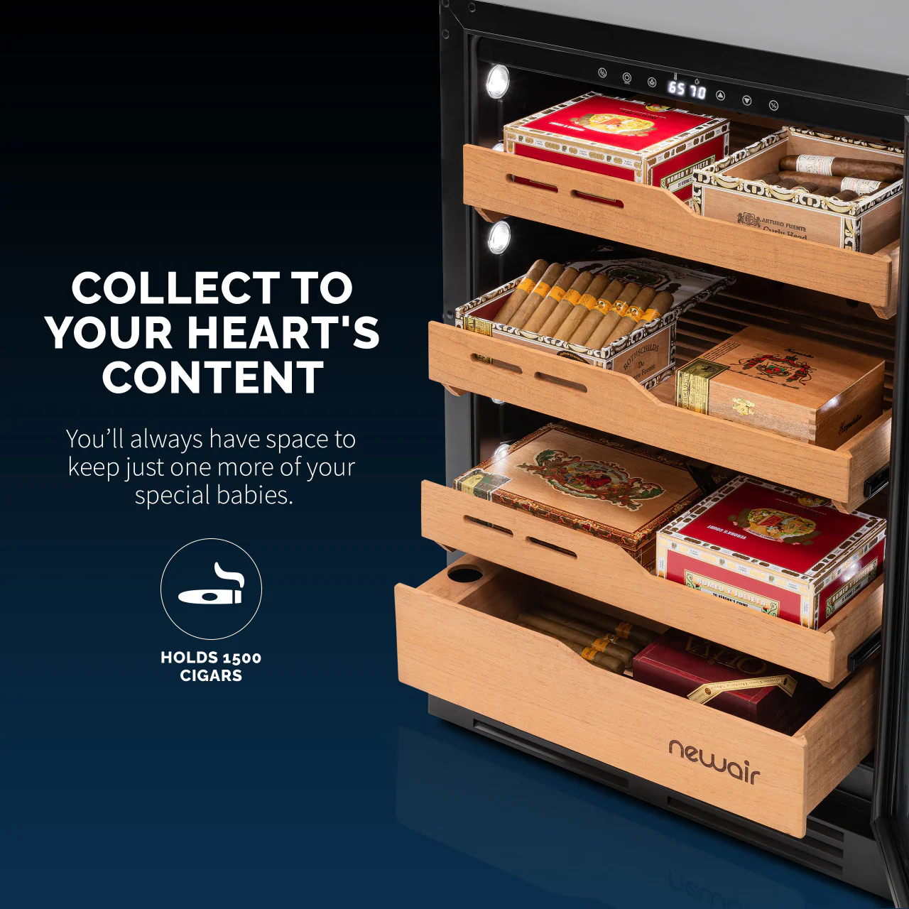 2025 Humidor eléctrico para puros Newair®, capacidad para 1,500 puros, empotrable o independiente