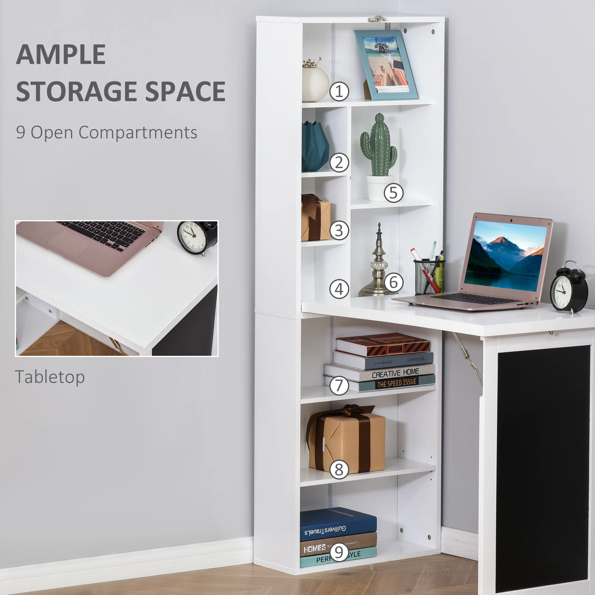Escritorio de Ordenador de Pared – Mesa de Estudio Abatible con Pizarra y Estantería, Blanco
