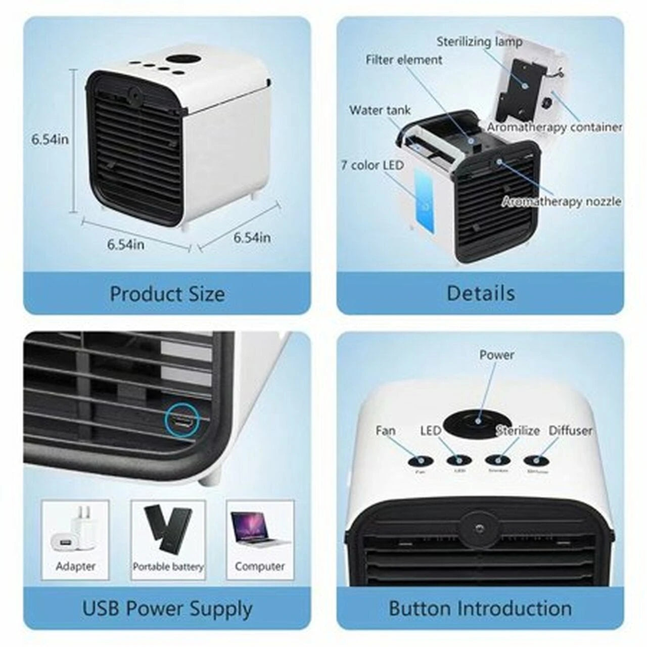 Mini Ventilador Multifuncional de Aire Acondicionado con LED, Humidificador, Purificador de Aire con Batería