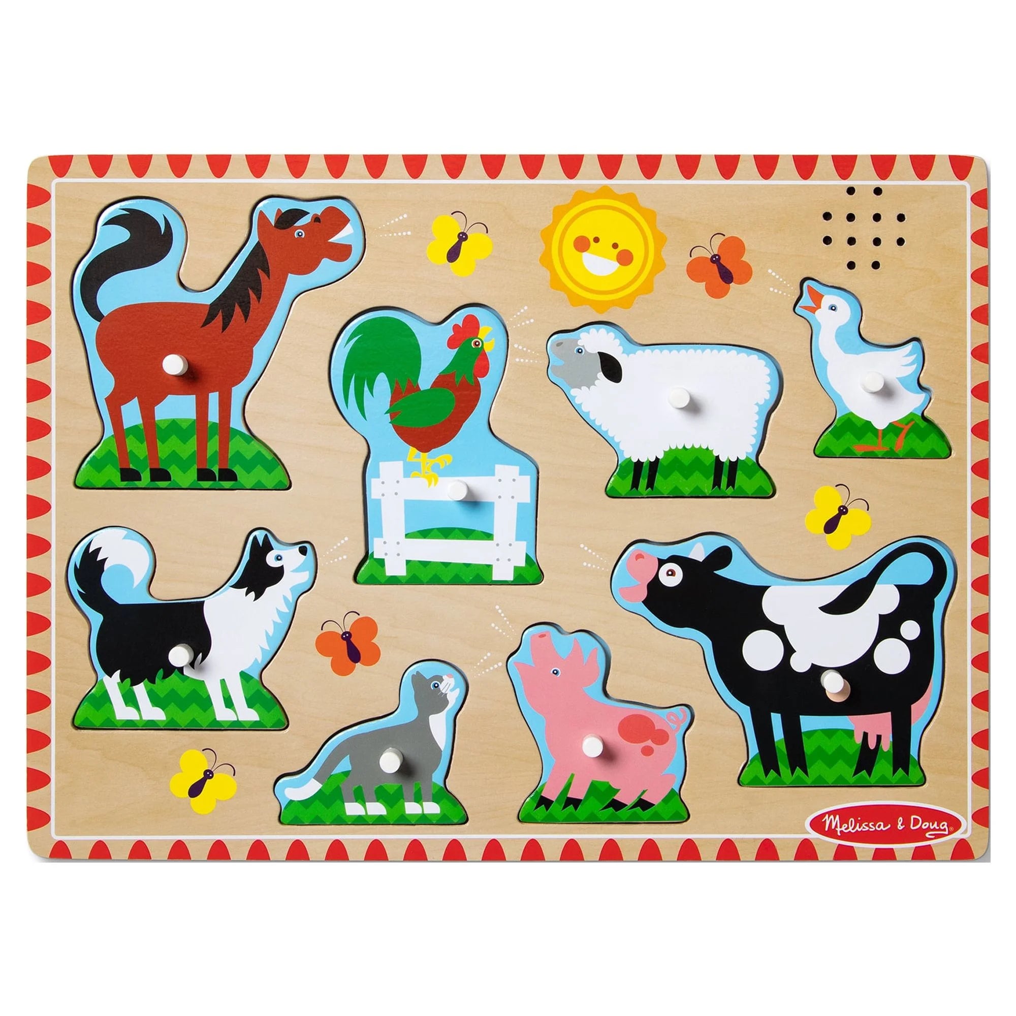 Melissa & Doug Rompecabezas Sonoro de Animales de Granja – Rompecabezas de Madera con Clavijas y Efectos de Sonido (8 piezas)