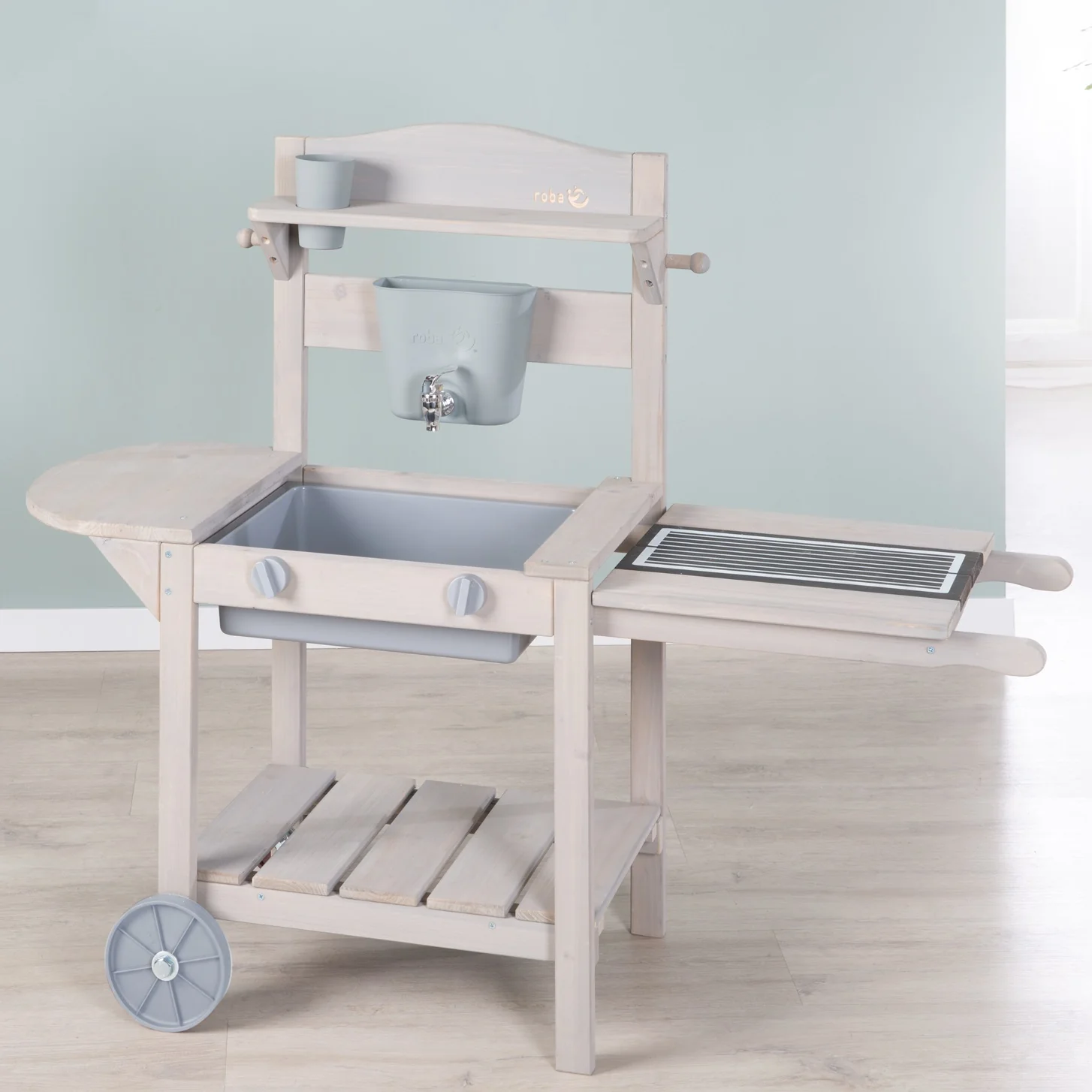 Cocina móvil de juego y barro con BBQ para niños - Madera certificada FSC - Acabado en gris grabado
