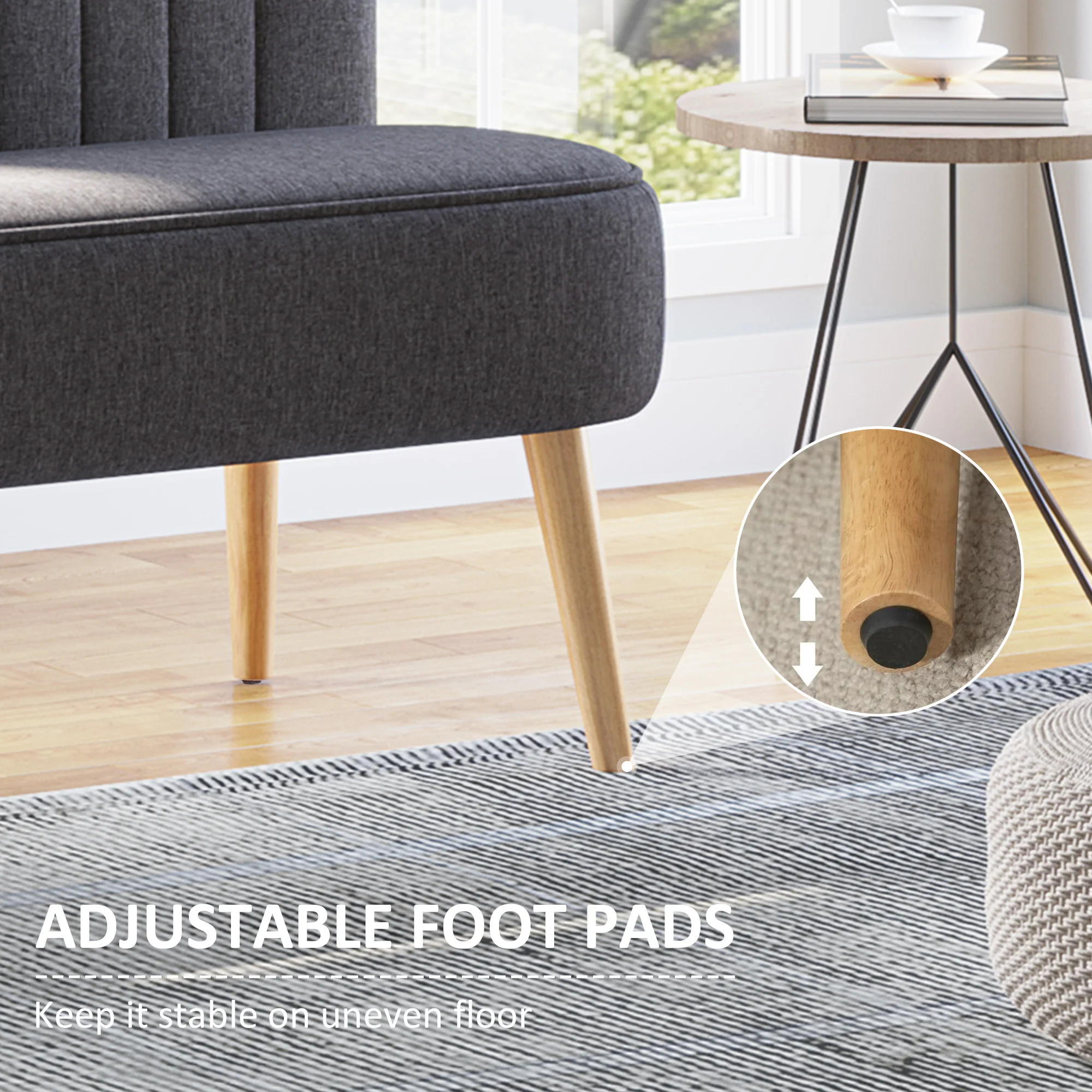 Sofá moderno de lino para 2 plazas, sofá compacto con acolchado y patas de madera, gris