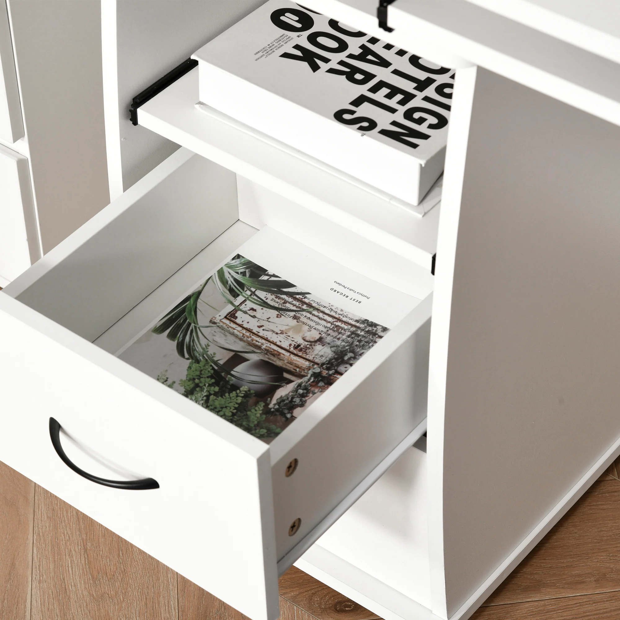 Escritorio de Ordenador para Oficina – Mesa de PC con Cajón para Teclado, Estante Deslizante para Escáner, Blanco