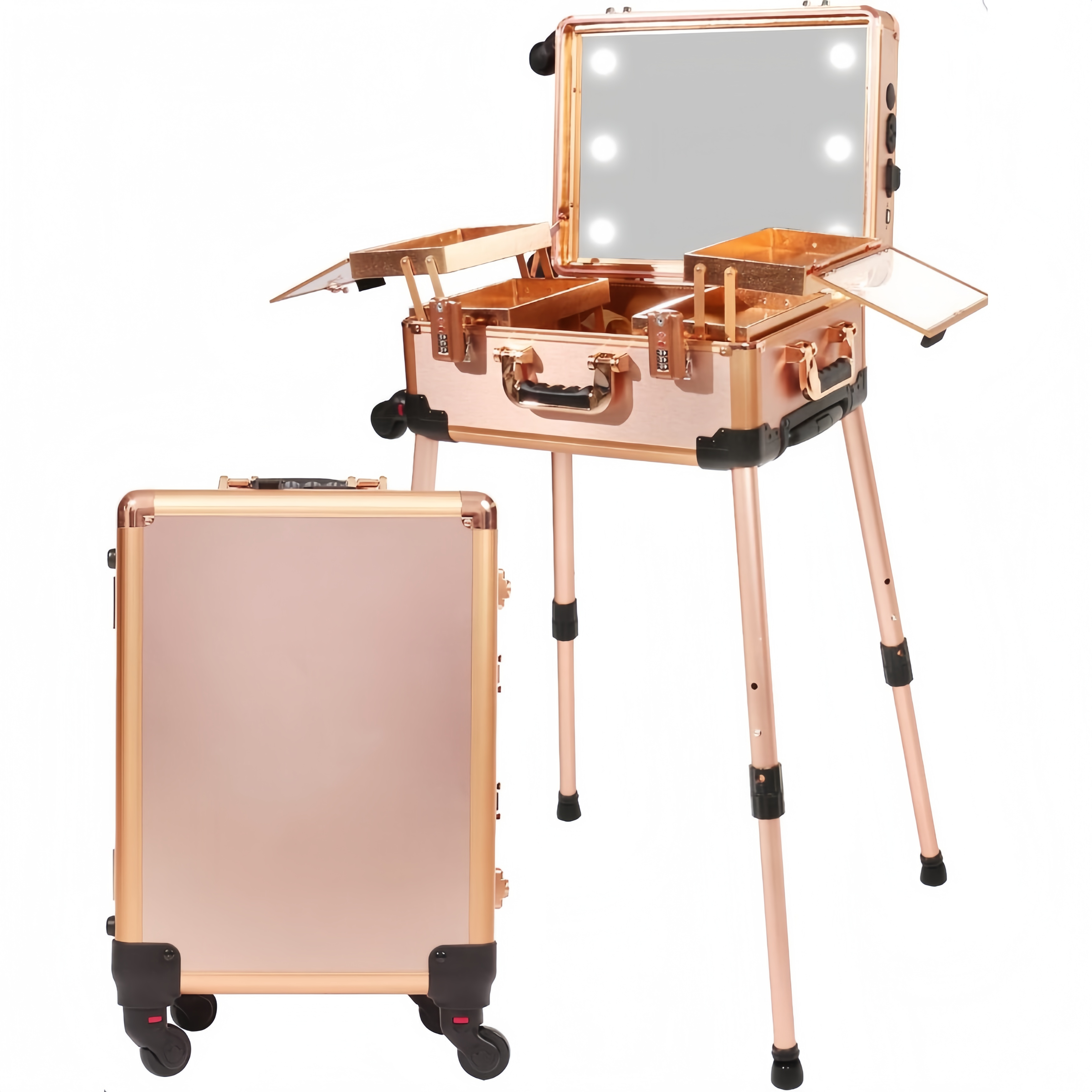 Maletín mediano para maquillaje con cerradura de código, espejo iluminado, altavoz, organizador de cosméticos de viaje, trolley profesional para artistas, estuche independiente para estudio
