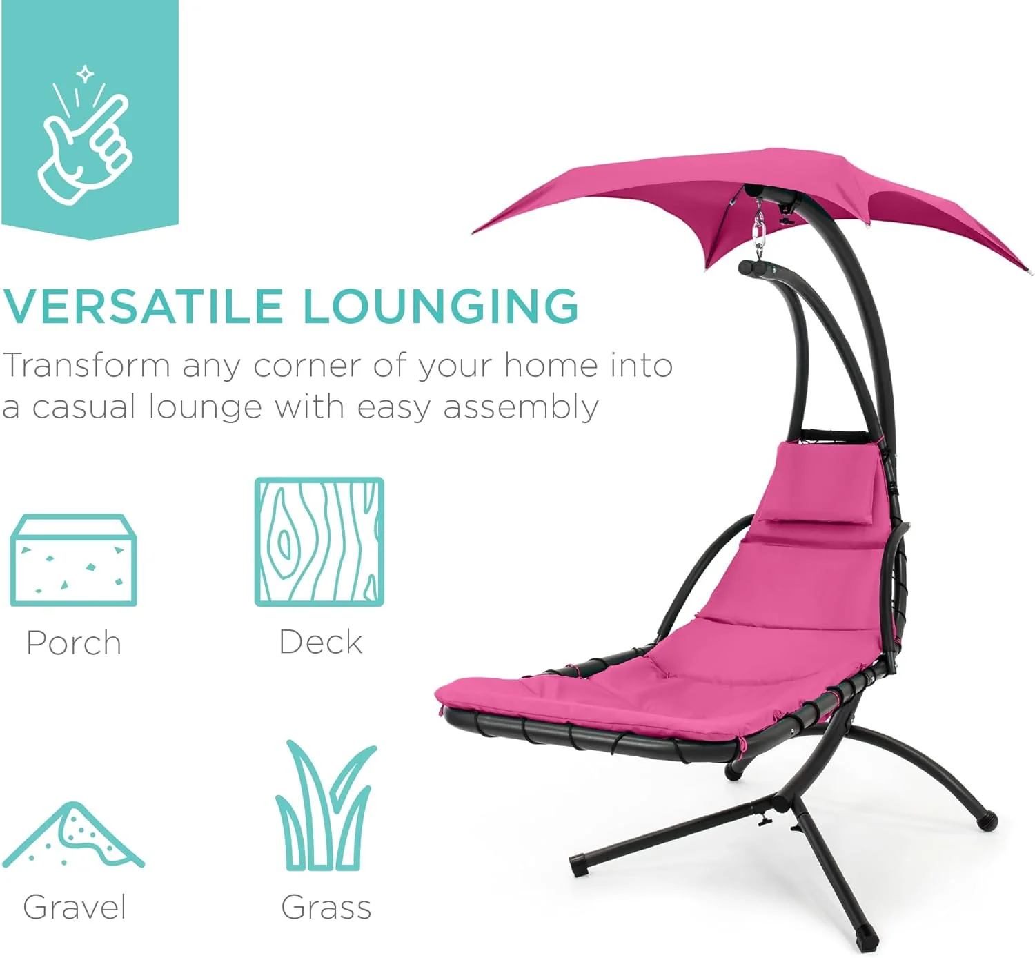 Chaise Longue Suspendue de Exterior Best Choice Products – Silla Balancín Curvada de Acero con Cojín Integrado y Toldo Desmontable – Gris Carbón