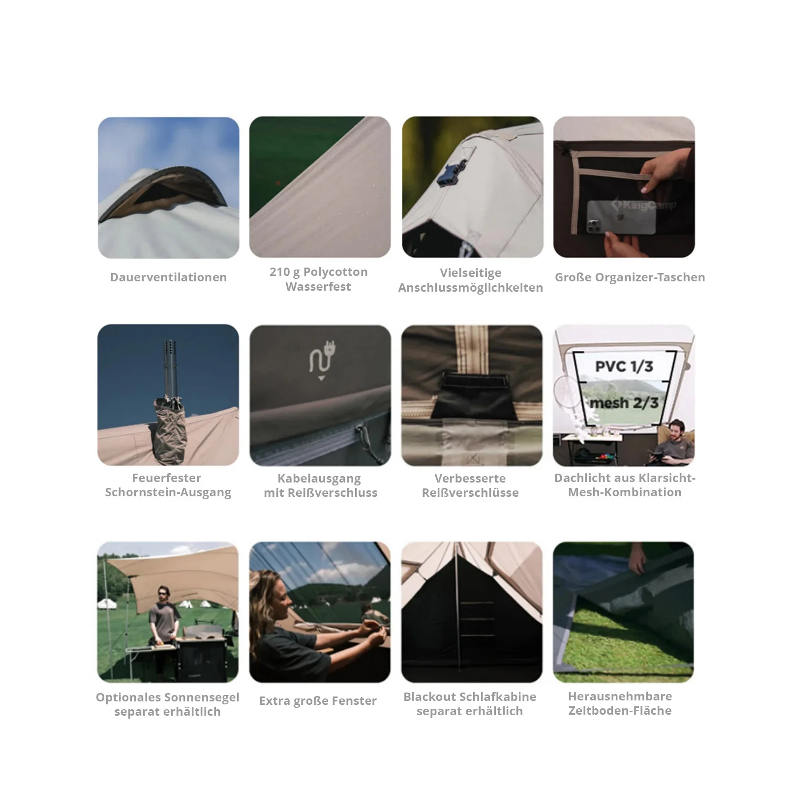 2025 KingCamp Khan Villa – Tienda de grupo glamping de lujo con 240 cm de altura interior, salida para chimenea y paredes laterales de malla para una ventilación óptima