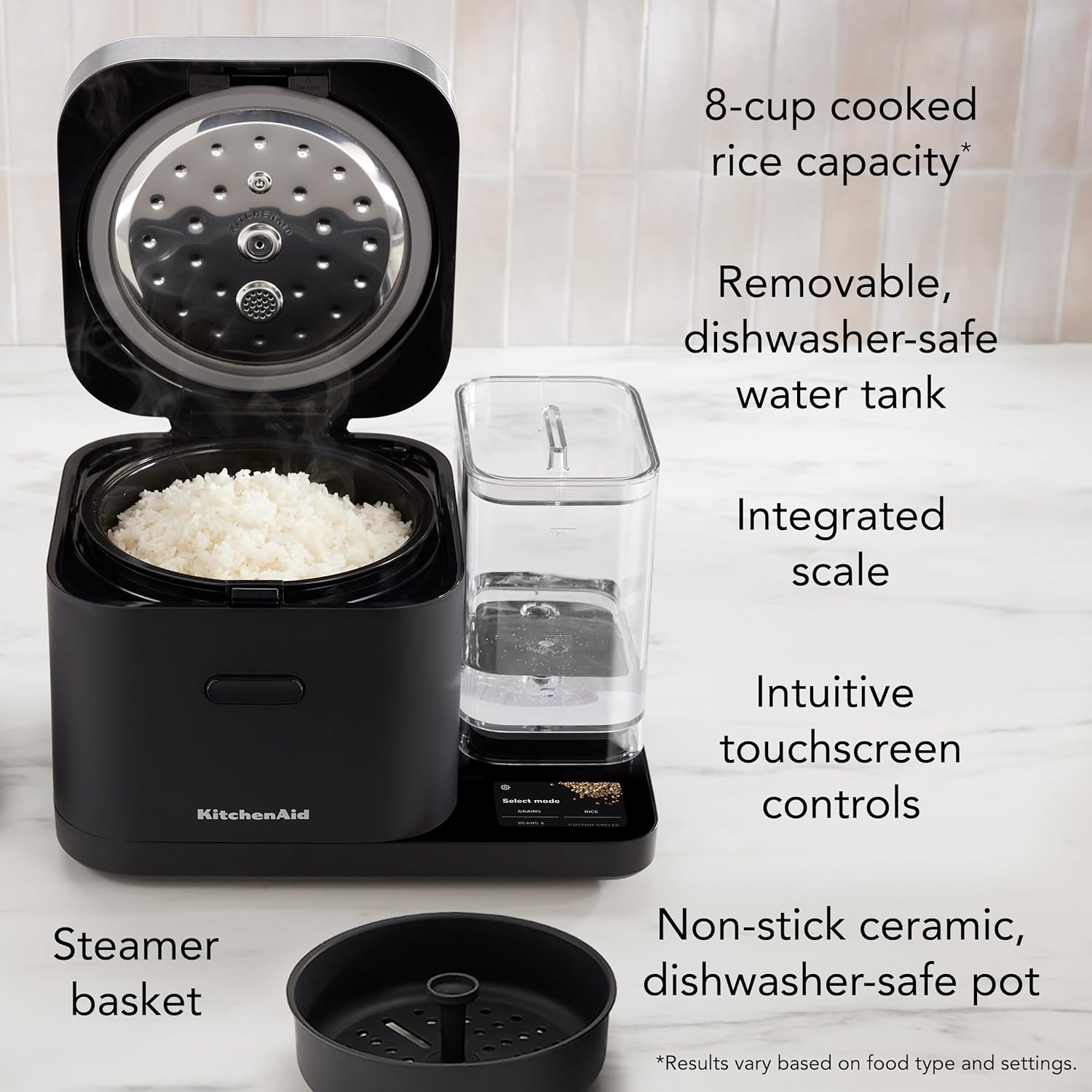 Cocinero de Granos y Arroz KitchenAid de 8 Tazas con Balanza Integrada y Cocción Programada, KGC3155BM
