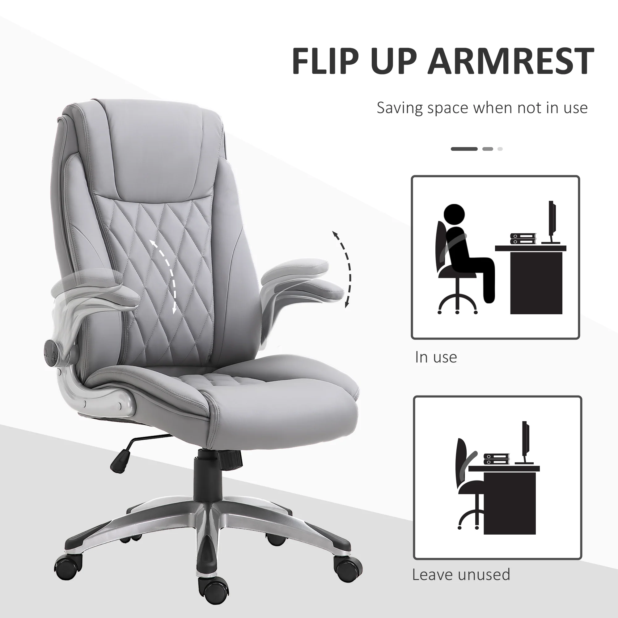 2025 Silla de Oficina de Cuero PU con Reposabrazos Abatibles, Altura Ajustable y Ruedas Giratorias, Gris