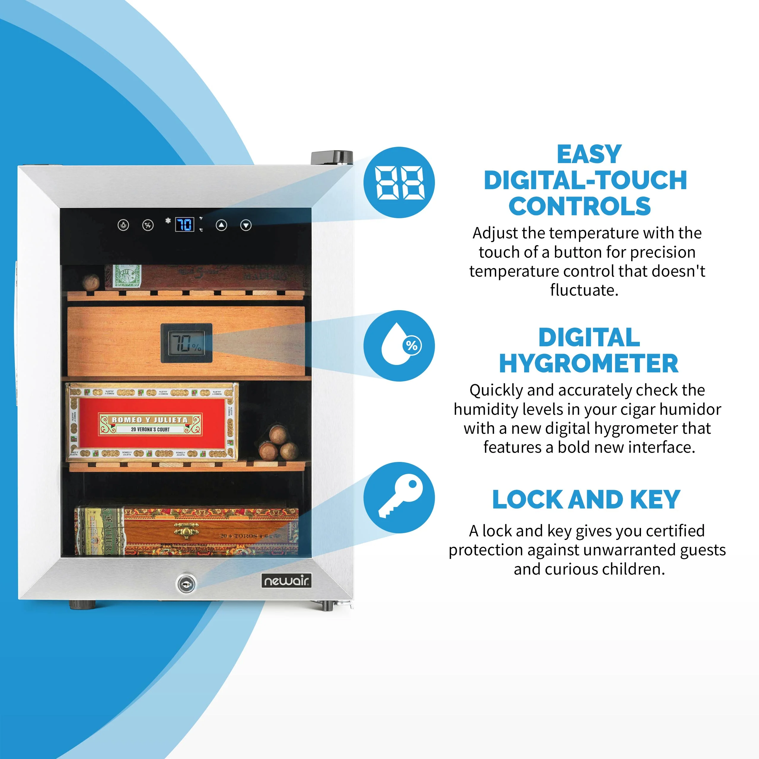 2025 Humidor eléctrico para puros Newair® con Opti-Temp™, capacidad para 250 puros