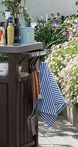 Keter Unity Mesa Portátil para Exterior y Gabinete de Almacenamiento con Ganchos para Accesorios de Parrilla - Superficie de Acero Inoxidable para Isla de Cocina o Carro de Bar en Patio, Marrón Espresso