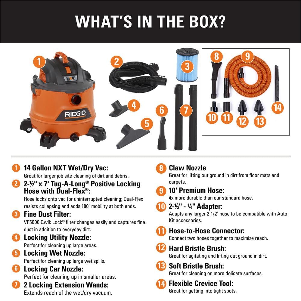 2025 Aspiradora para Líquidos y Polvo 14 Gal / 6.0 HP Pico NXT con Kit Premium para Auto – RIDGID HD1401