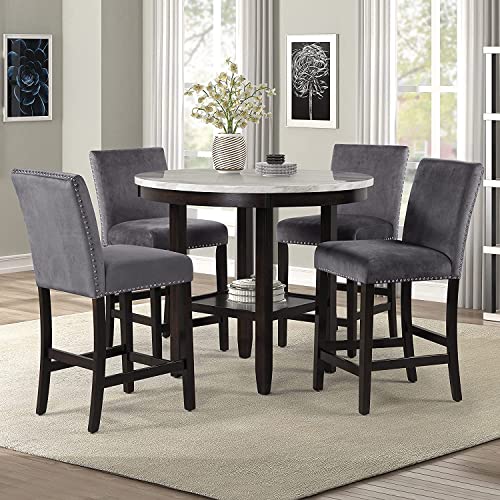 2025 New Classic Furniture Celeste Set de Comedor de 5 Piezas con Mesa Redonda de Mármol Sintético y 4 Sillas, 42 Pulgadas, Gris