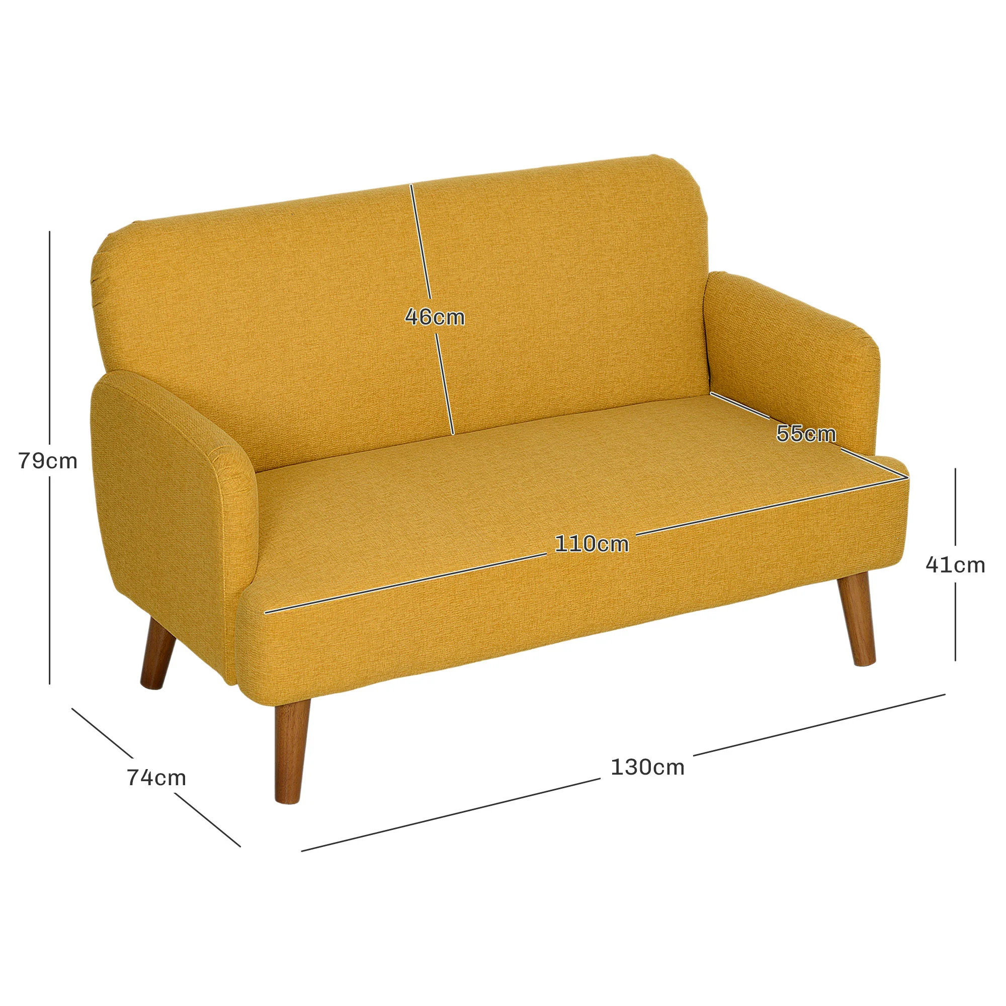 Sofá de 2 plazas en terciopelo, acolchado grueso de 21 cm y patas de madera, color amarillo