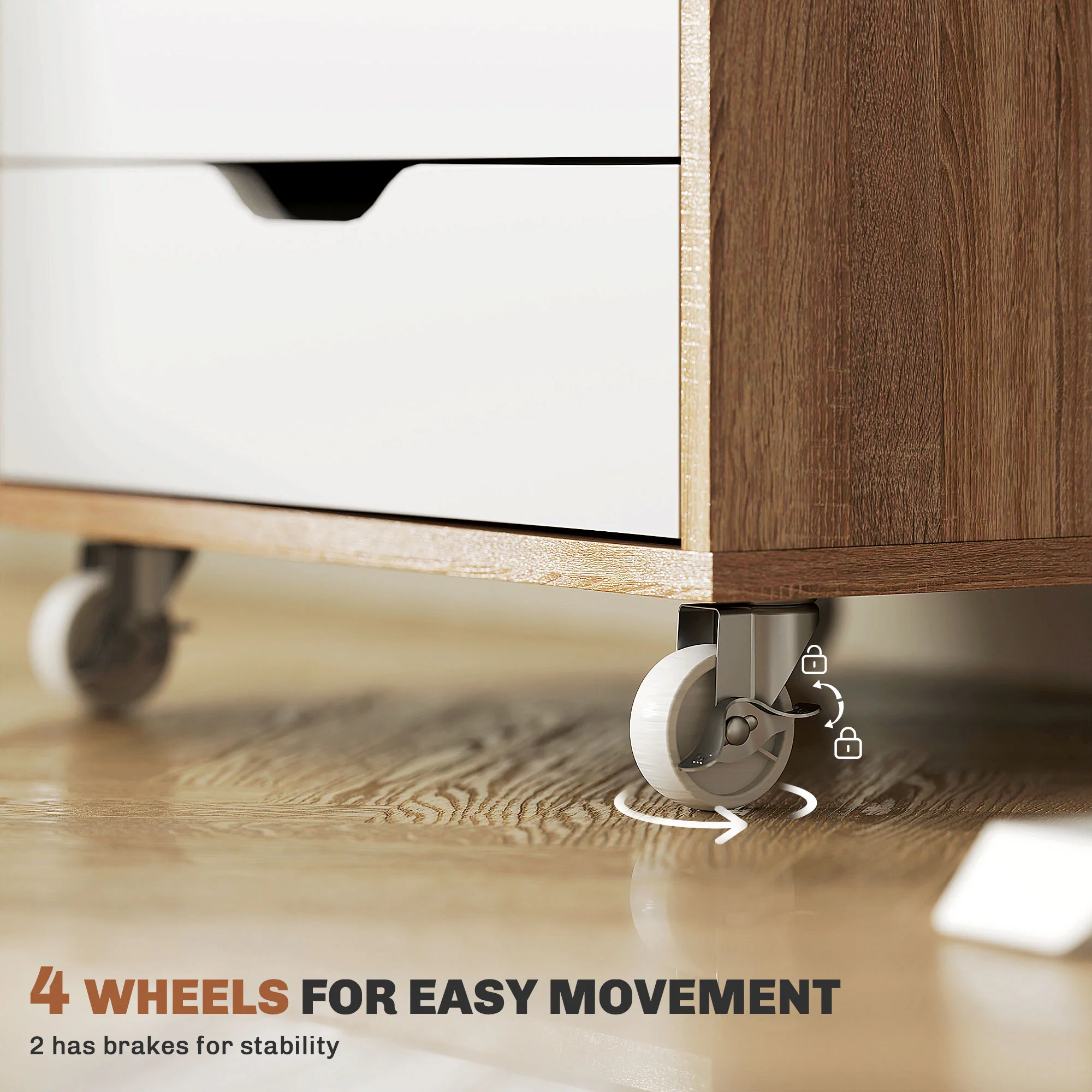 Cajonera Vertical de 5 Cajones, Mueble de Oficina Móvil con Ruedas, Roble