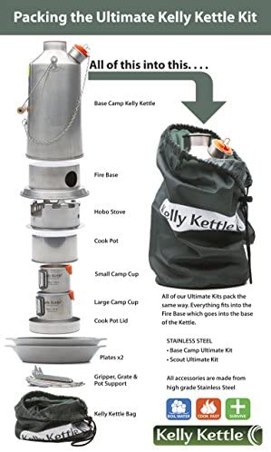 Kit Ultimate Scout Kelly Kettle de 41 oz. - Hervidor de Acero Inoxidable para Camping, Hervidor Ligero con Silbato, Estufa de Camping para Pesca, Caza, Senderismo, Equipos de Supervivencia