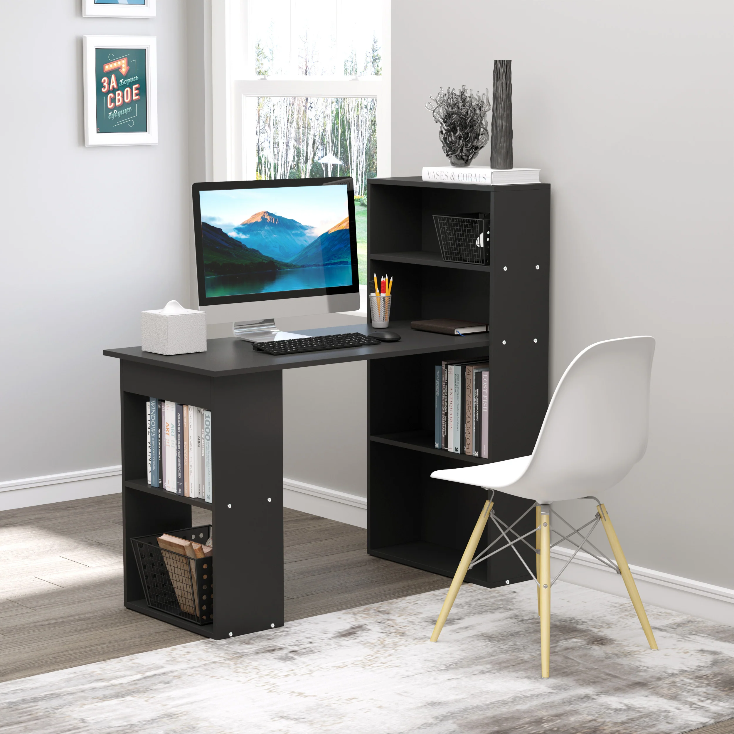 Escritorio de Ordenador Moderno de 120 cm con Estantería, Mesa de Estudio y Estación de Trabajo con 6 Estantes, Negro