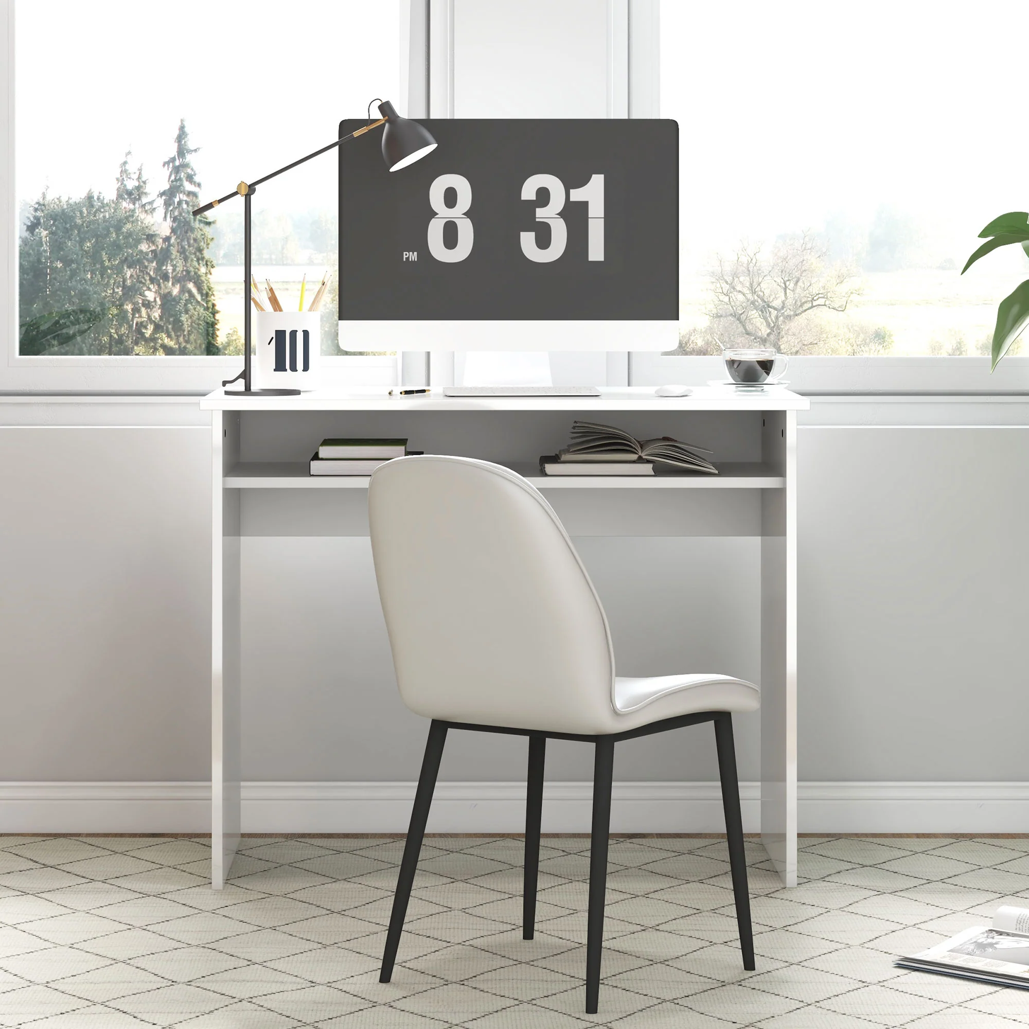 Escritorio de Ordenador Moderno, Escritorio Pequeño con Estante de Almacenamiento, 90 x 50 cm, Blanco Brillante