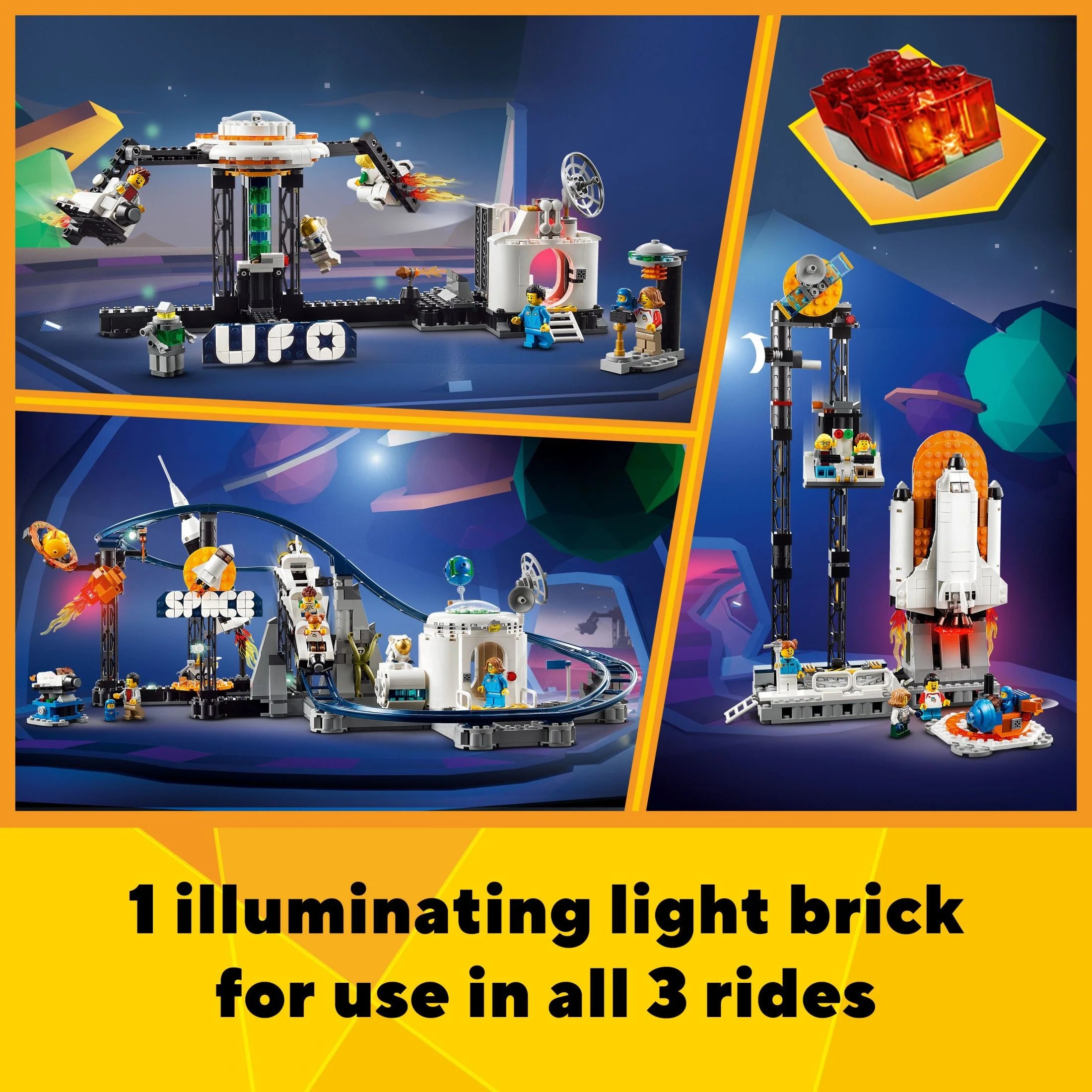 LEGO Creator 3 en 1 Montaña Rusa Espacial, Parque de Diversiones Reconfigurable, Construye una Montaña Rusa Espacial, Torre de Caída o Carrusel Giratorio, con 5 Minifiguras, Juguete de Construcción para Niños de 9 Años en Adelante, 31142