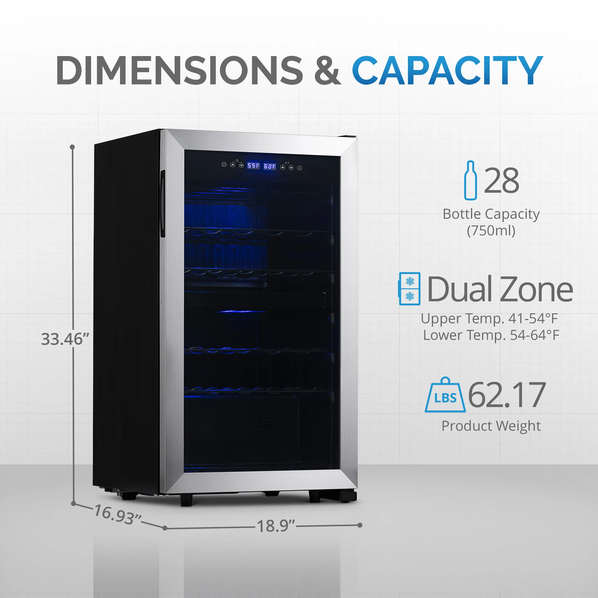 2025 Refrigerador de Vinos Independiente Newair® – 28 Botellas (48 cm), Doble Zona, Acero Inoxidable